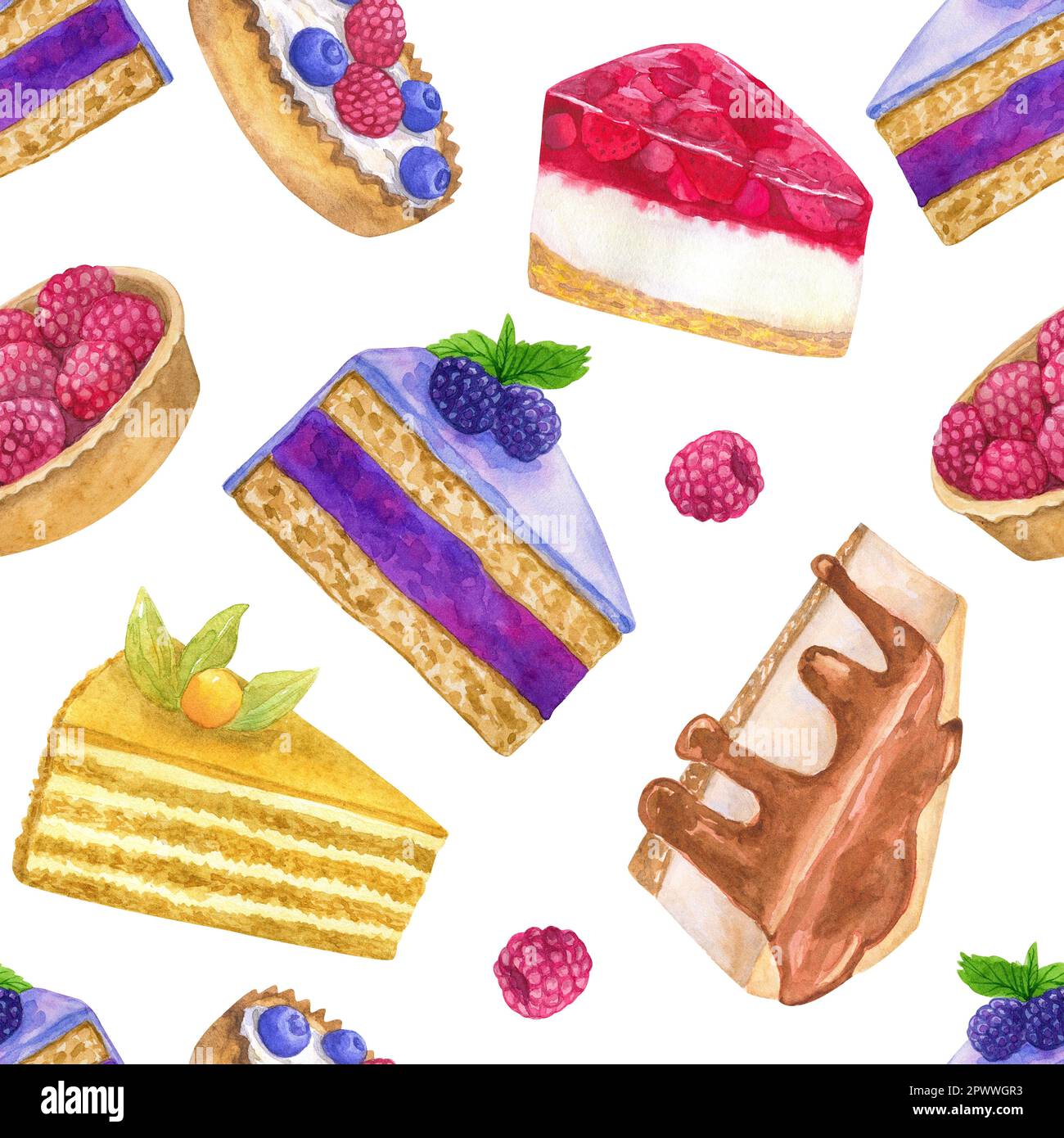 Desserts délicieux. Motif sans couture. Aquarelle dessinée à la main. Texture pour l'impression, le tissu, le papier peint textile Banque D'Images