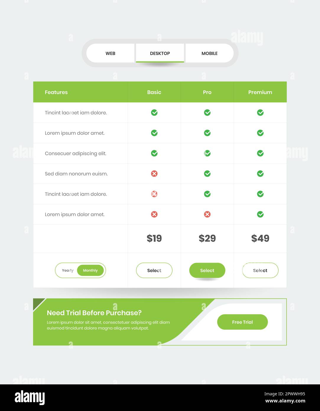 Conception d'interface de table de comparaison de prix d'abonnement Web minimaliste Illustration de Vecteur