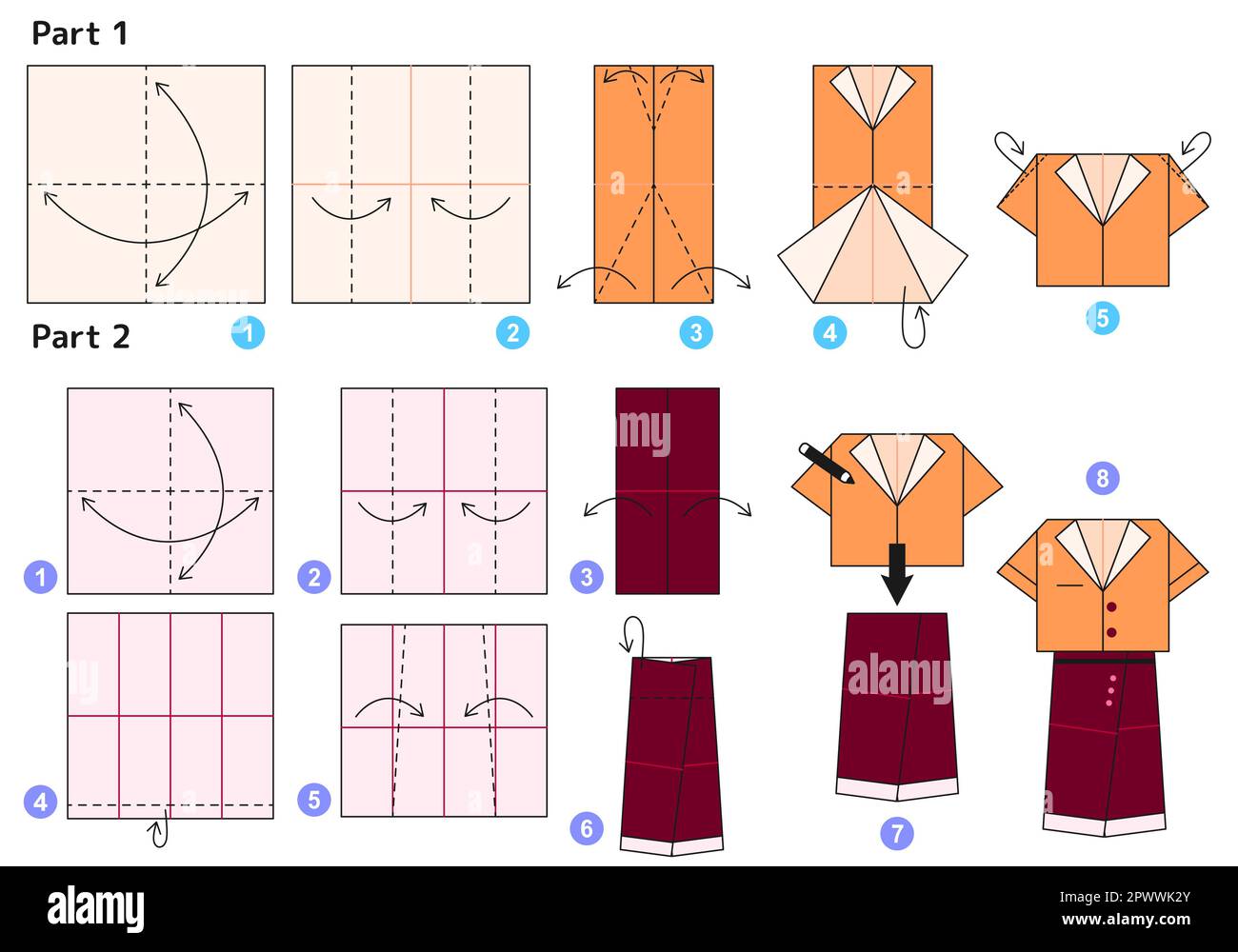 Tutoriel Origami pour les enfants. Jupe et chemise Origami mignons Image  Vectorielle Stock - Alamy