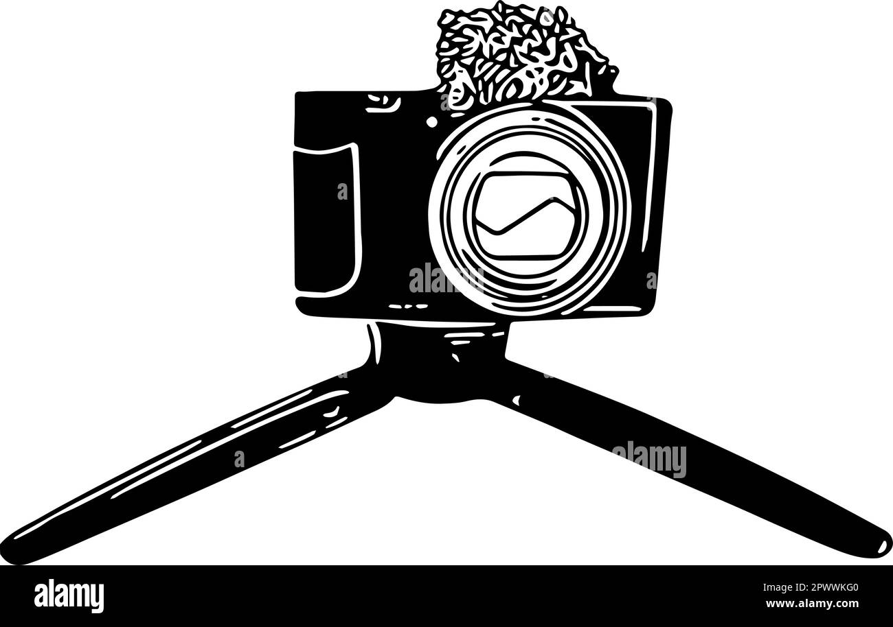 Petit caméscope avec pare-brise sur un petit trépied. Contours vectoriels. Petit caméscope avec pare-brise sur un petit trépied. Contours vectoriels. Illustration de Vecteur