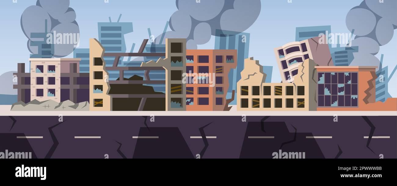 Panorama du bâtiment en ruines. Ville détruite après le tremblement de terre. Caricature de style plat apocalyptique rues abandonnées avec maisons et propriété ruinées après disa Illustration de Vecteur