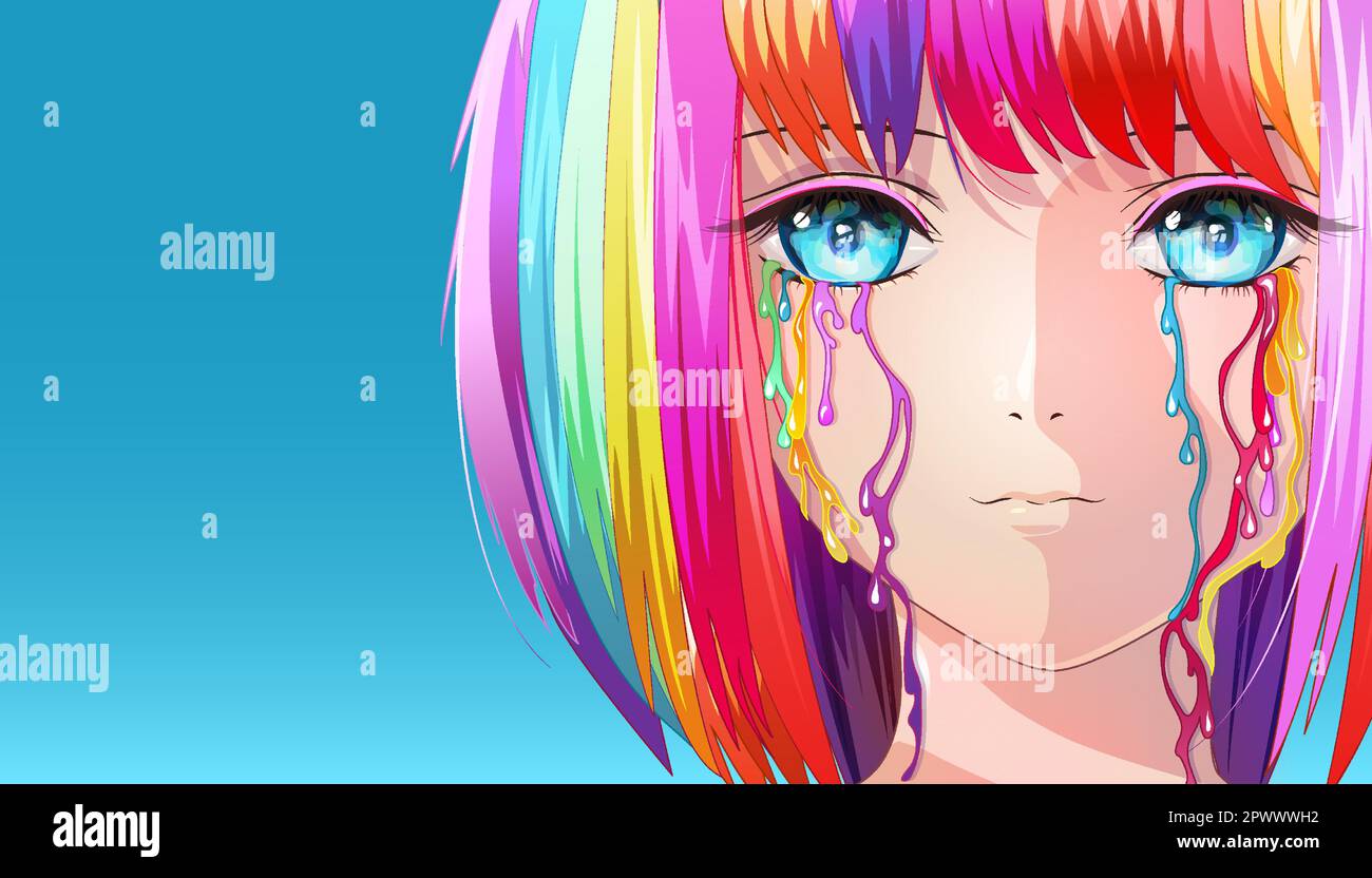 Douce fille avec des cheveux de couleur arc-en-ciel et des yeux bleus d'où coule les larmes de couleur arc-en-ciel. Illustration d'une fille dans le style manga et anime sur un ba bleu Illustration de Vecteur