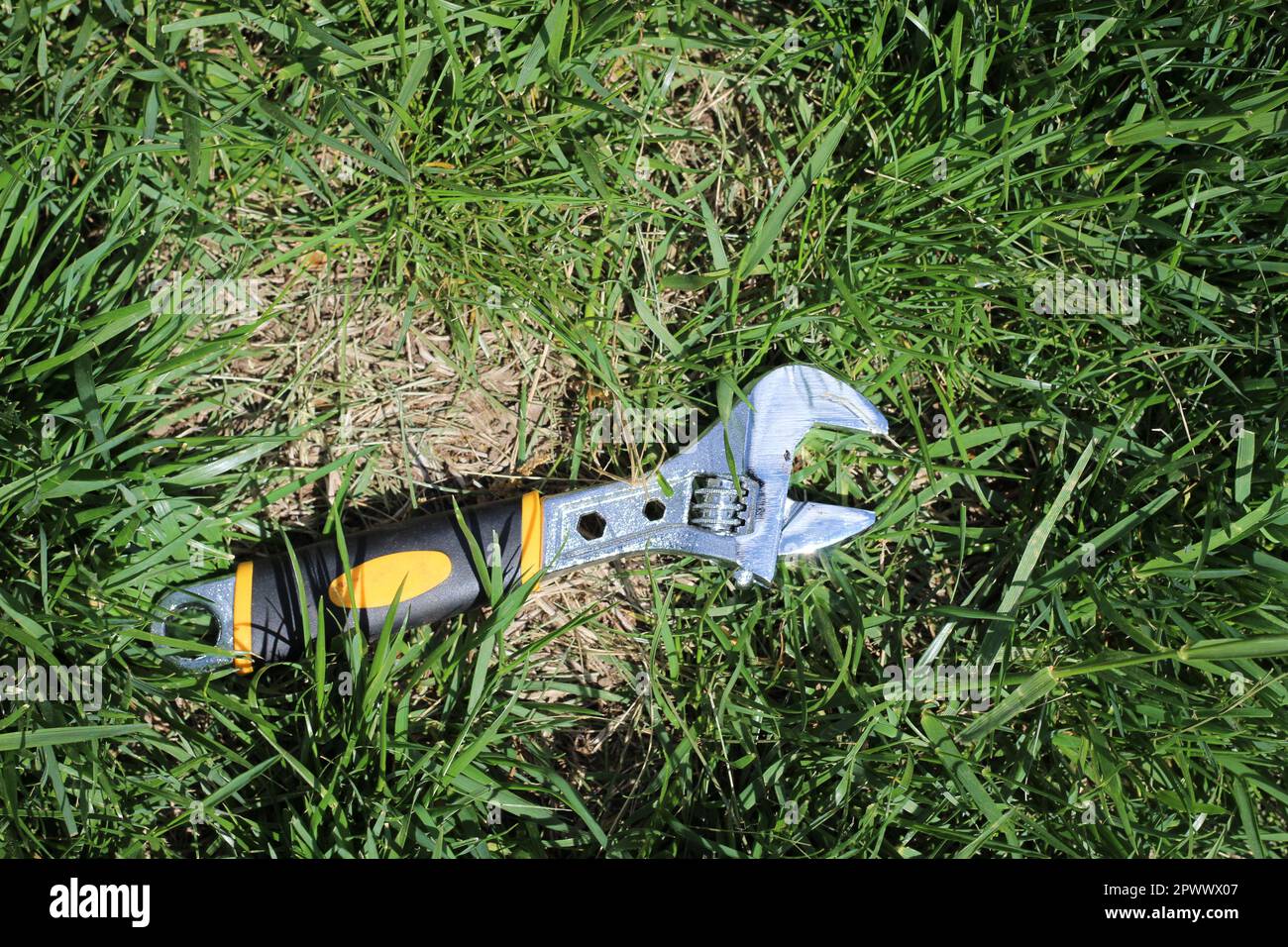 Clé à molette en acier argenté dans l'herbe, tiré par le haut Banque D'Images