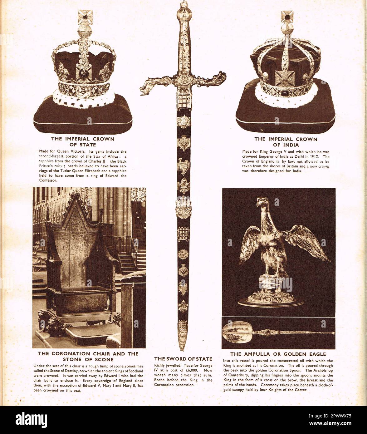 Couronnement régal. La couronne impériale d'État, la couronne impériale de l'Inde, l'épée d'État, la chaise de couronnement, et la pierre de scone, l'Ampula ou l'aigle d'or et la cuillère d'onction du couronnement d'or Banque D'Images