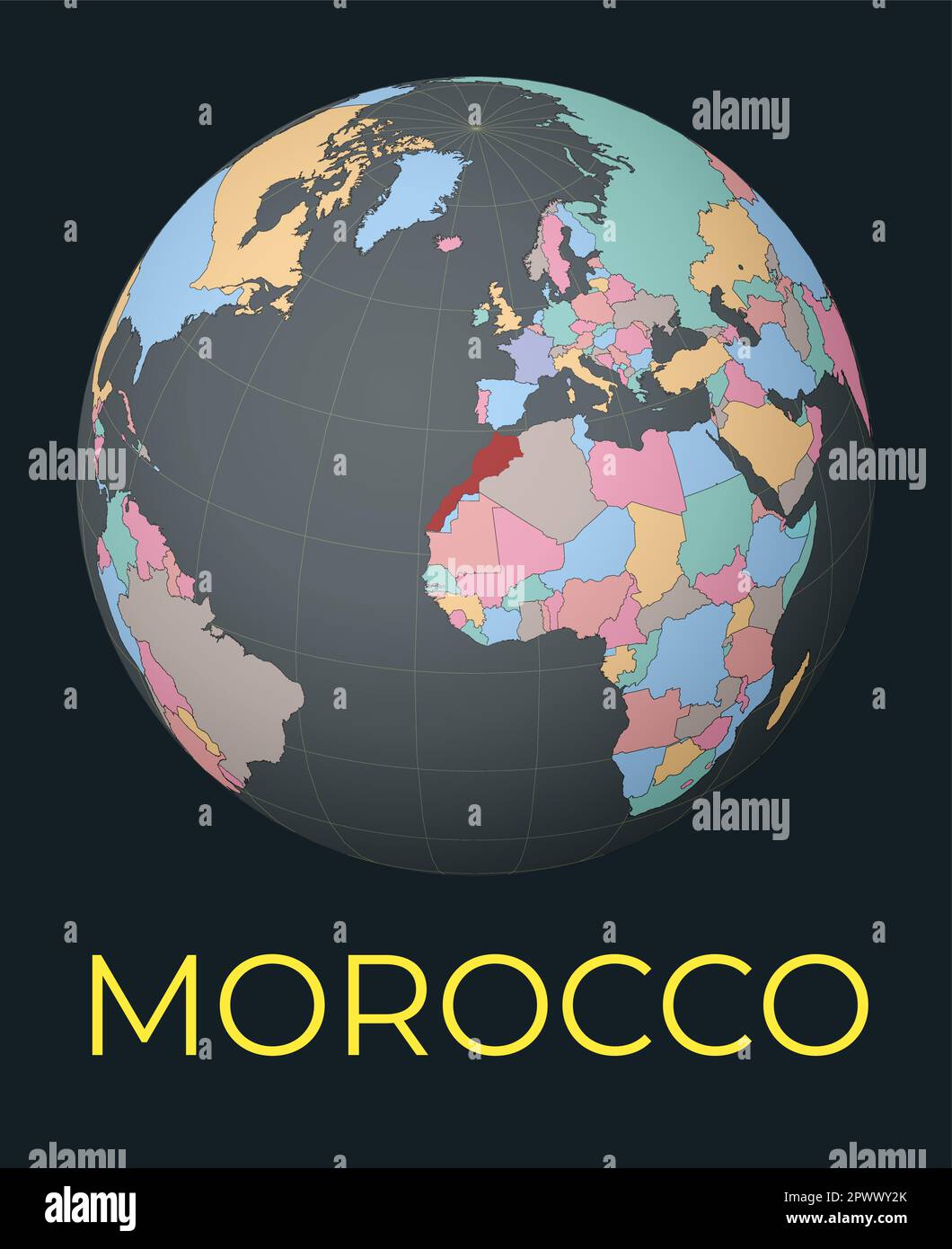 Carte du monde centrée sur le Maroc. Pays rouge mis en surbrillance. Vue satellite du monde centrée sur le pays avec le nom. Illustration vectorielle. Illustration de Vecteur