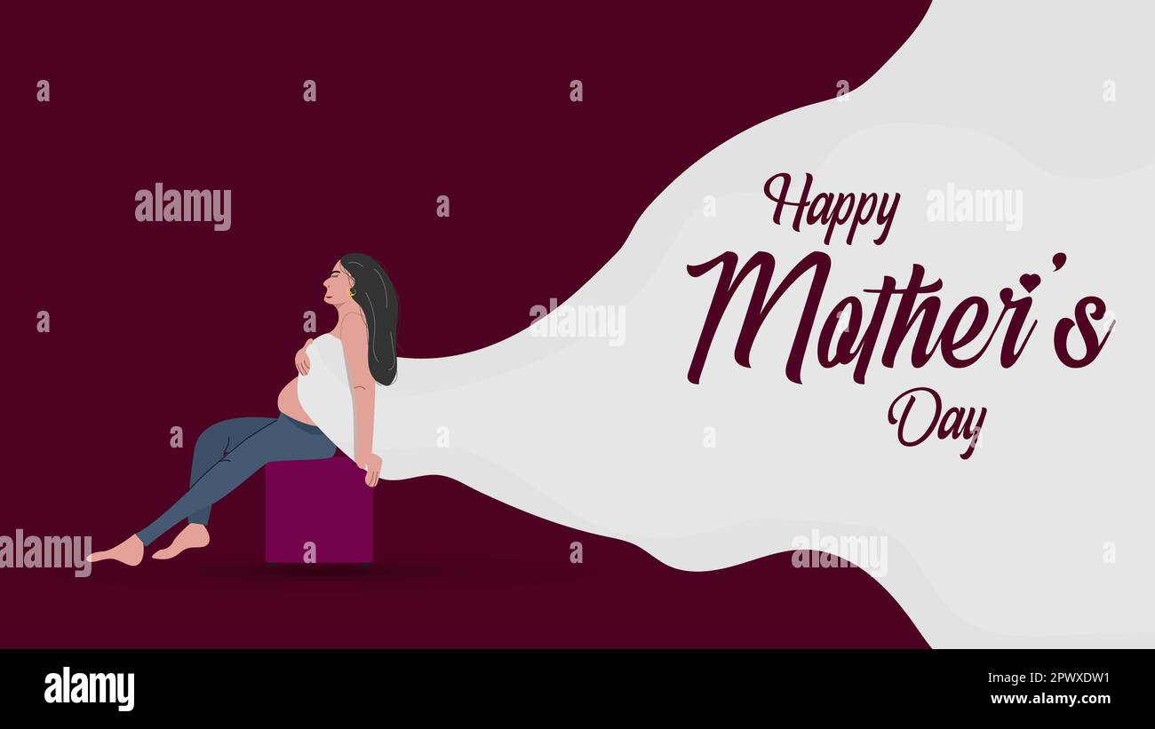 Happy Mother's Day, la femme enceinte assise sur une chaise concept de fête des mères. Affiche de couleur violette et illustration vectorielle de la bannière. Illustration de Vecteur