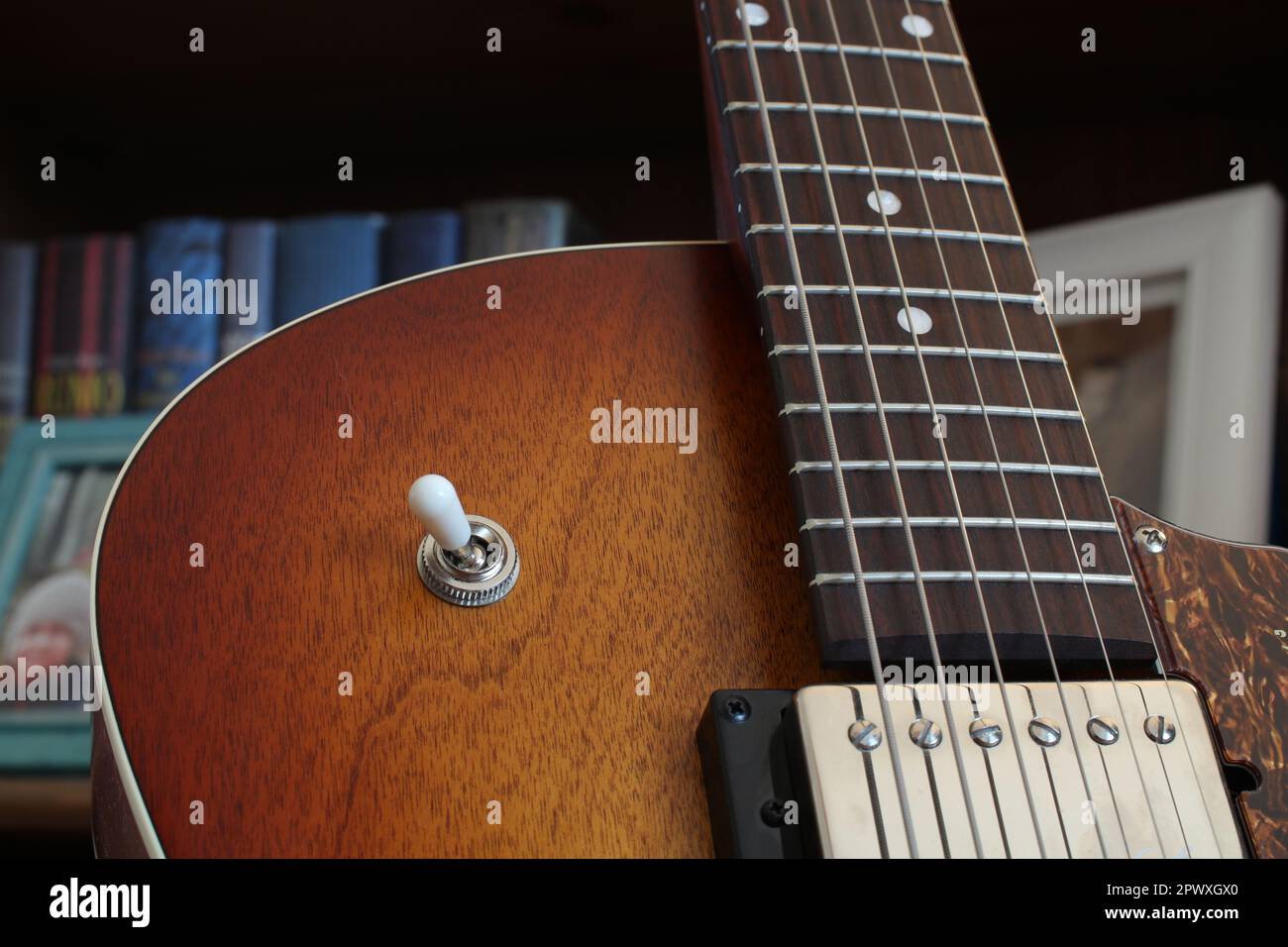 Belle guitare jazz avec un grain de bois exquis, quelques livres et photos de famille hors du foyer en arrière-plan. Banque D'Images