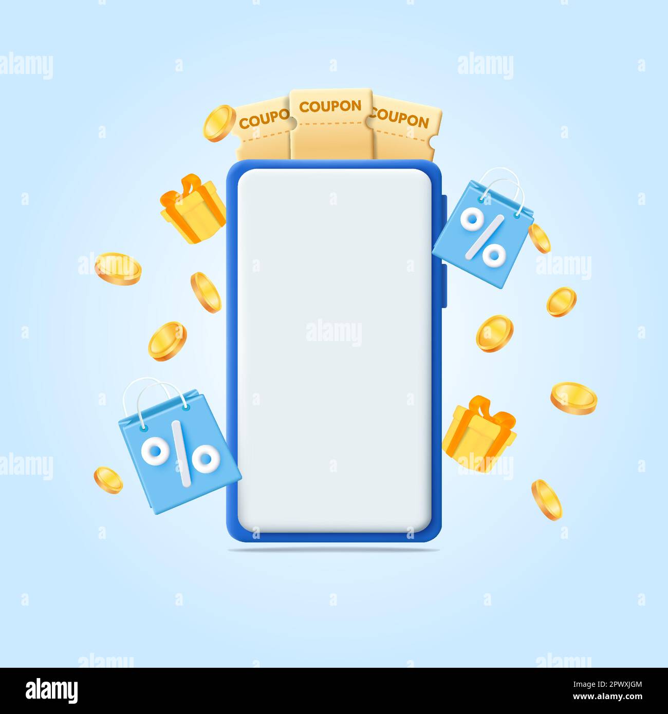 Stratégie de promotion, bon cadeau, bon de réduction et concept de bon cadeau. Main tenant un smartphone mobile avec des pièces de monnaie dorées de mouche et une boîte cadeau jaune de mouche. Concept de paiement en ligne. chariot à provisions. Illustration vectorielle Illustration de Vecteur