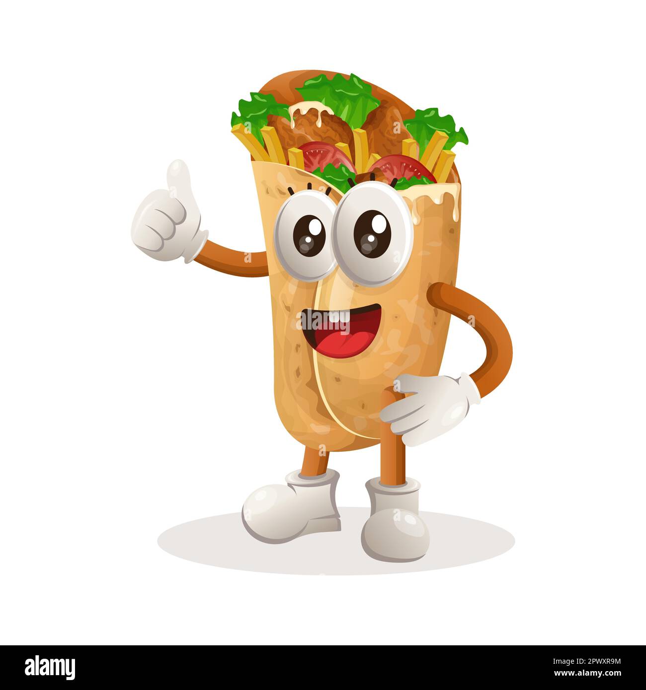 Une adorable mascotte burrito se lève. Idéal pour les magasins d'alimentation, les petites entreprises ou le commerce électronique, les marchandises et les autocollants, la promotion de bannière, le blog de revue de nourriture ou vl Illustration de Vecteur