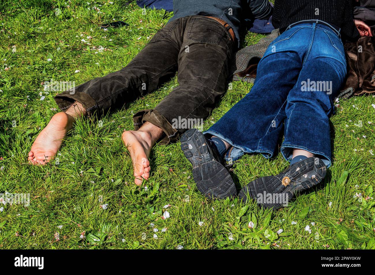 Pieds de jeune couple, homme pieds nus, fille avec des chaussures. Couché sur l'herbe au printemps. Concept de relation, détente, compagnie, amour Banque D'Images