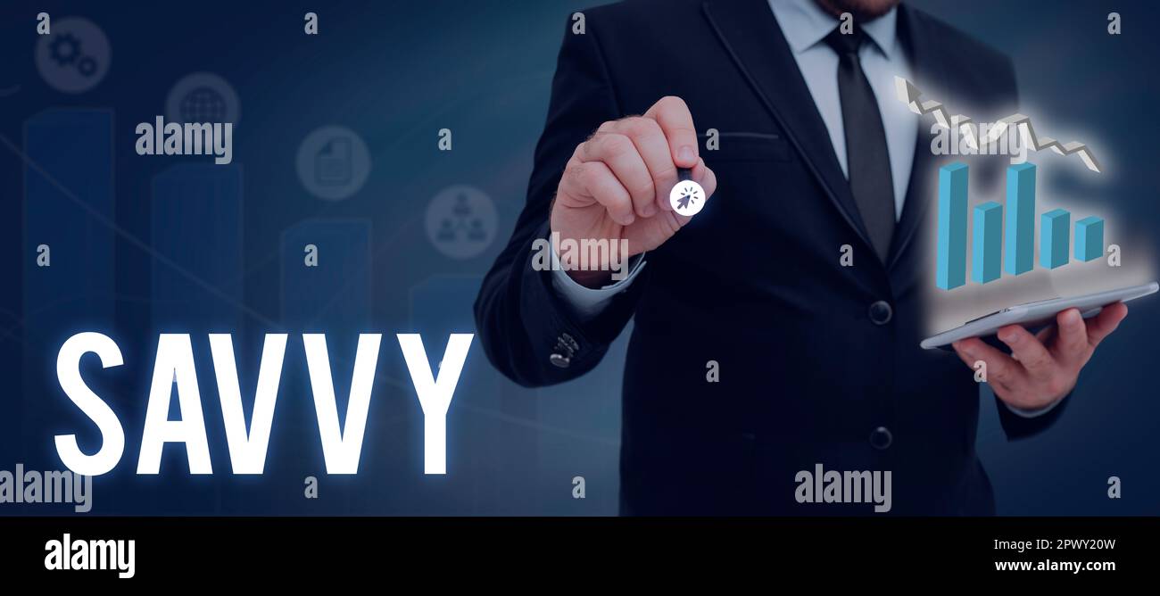 Affichage conceptuel Savvy, Mot écrit sur avoir la perception, la compréhension dans des questions pratiques Banque D'Images