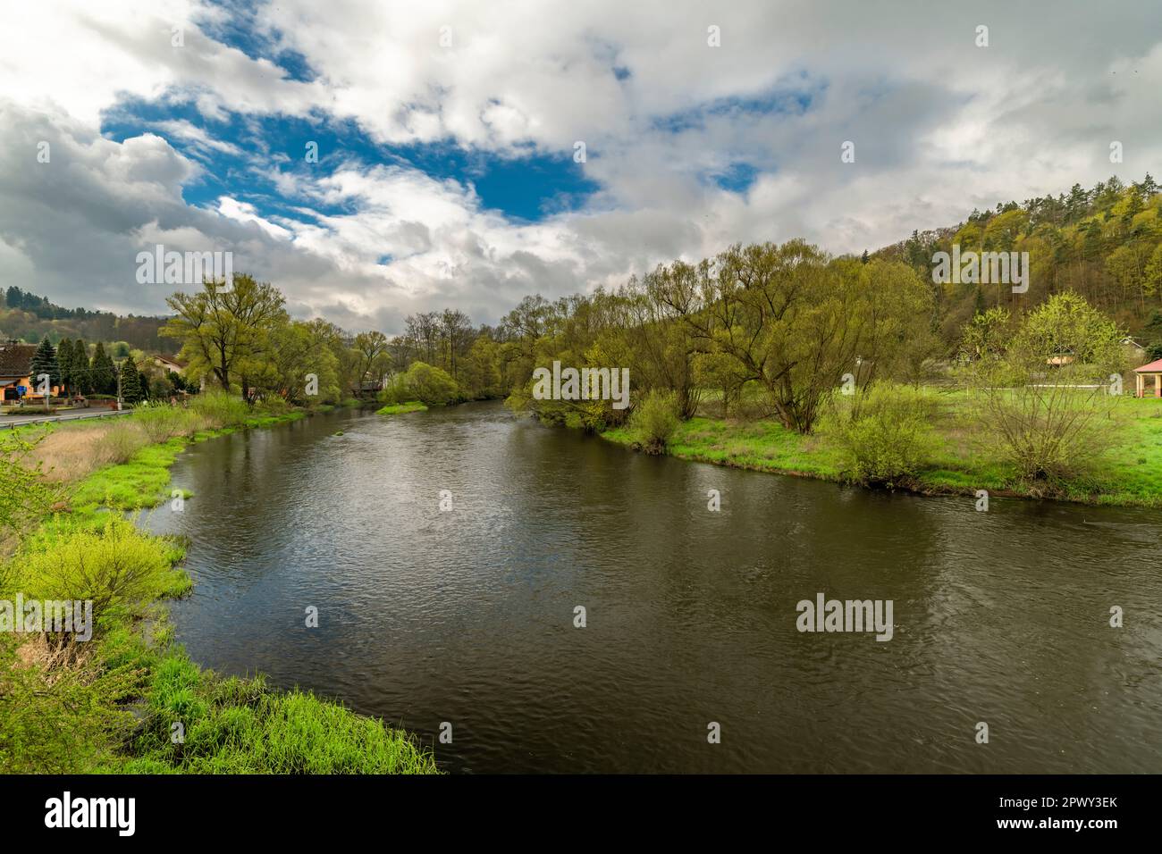 Rivière Ohre avec des forêts vertes au printemps couleur frais matin dans le village de Radosov Banque D'Images