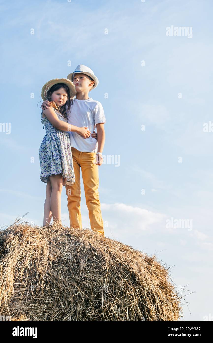 Portrait des enfants garçon et deux fille restant et serré embrassant, sur une botte de foin dans le champ.Journée ensoleillée.Arbres et ciel clair sur l'arrière-plan.Enfants Banque D'Images