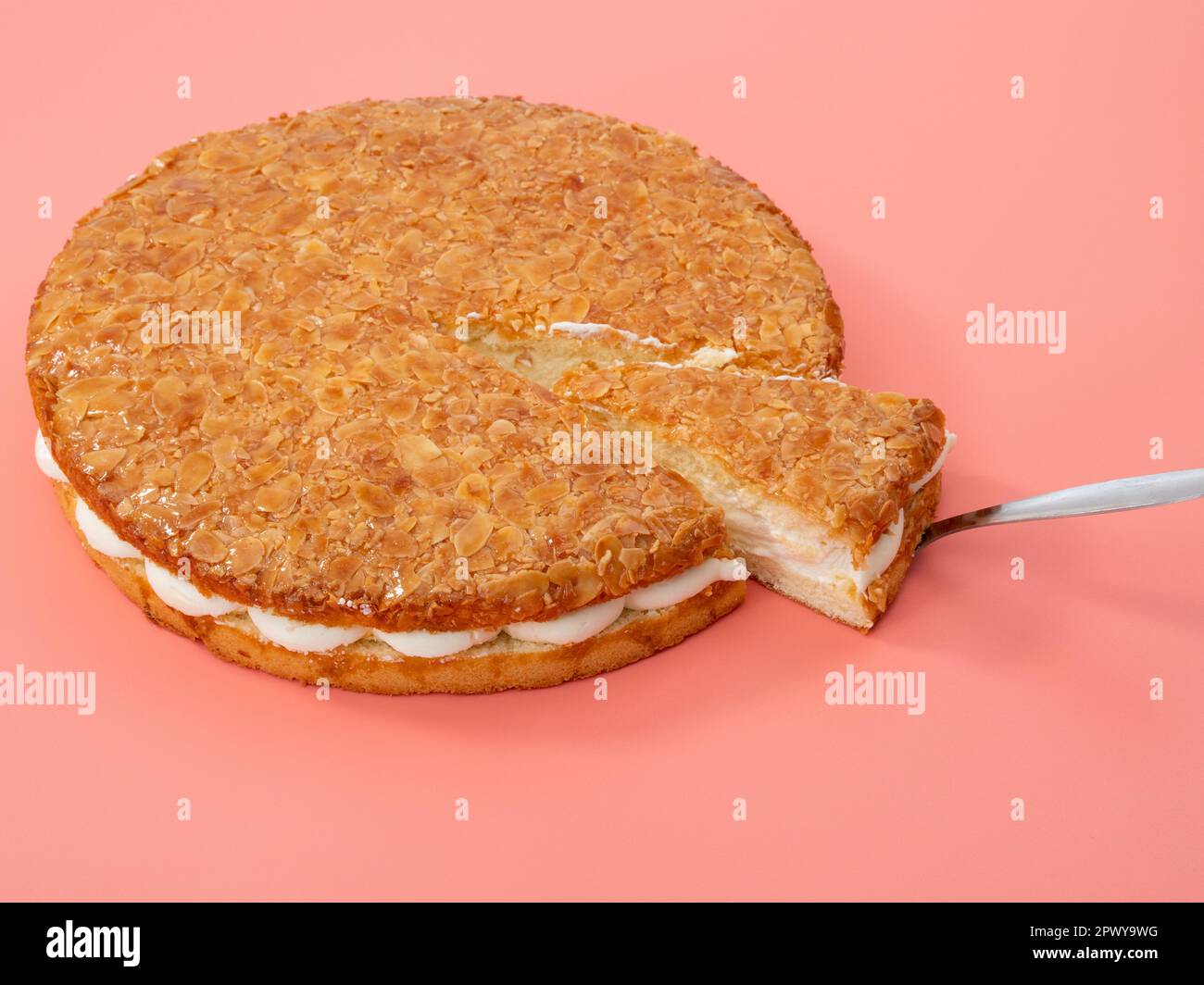 Gâteau aux abeilles, gâteau léger avec garniture à la crème, avec amandes croustillantes. Gâteau aux amandes sur fond rose. Banque D'Images