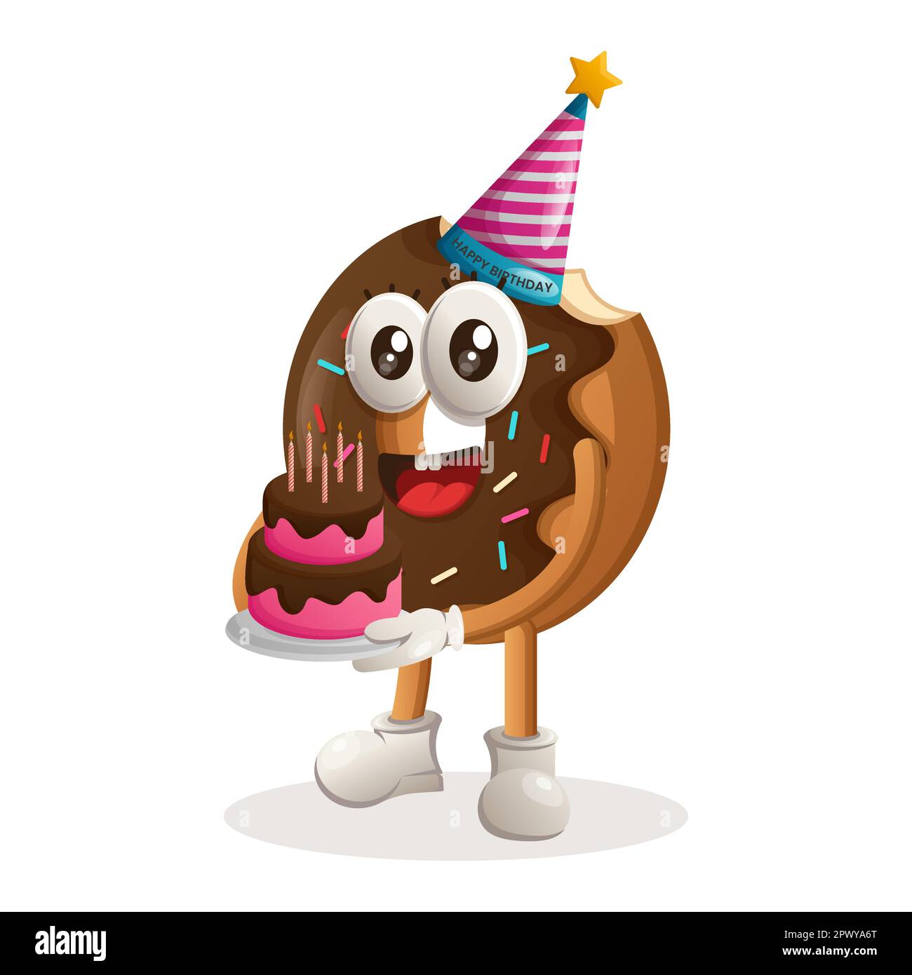 Adorable mascotte de beignet portant un chapeau d'anniversaire, avec un gâteau d'anniversaire. Idéal pour les magasins d'alimentation, les petites entreprises ou le commerce électronique, la marchandise et l'autocollant, la bannière Illustration de Vecteur