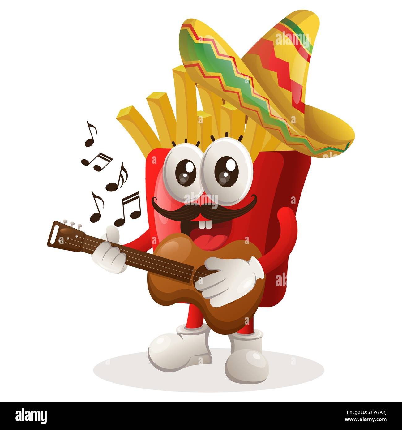 Adorable mascotte de frites portant un chapeau mexicain avec guitare. Idéal pour les magasins d'alimentation, les petites entreprises ou le commerce électronique, la marchandise et l'autocollant, banne Illustration de Vecteur