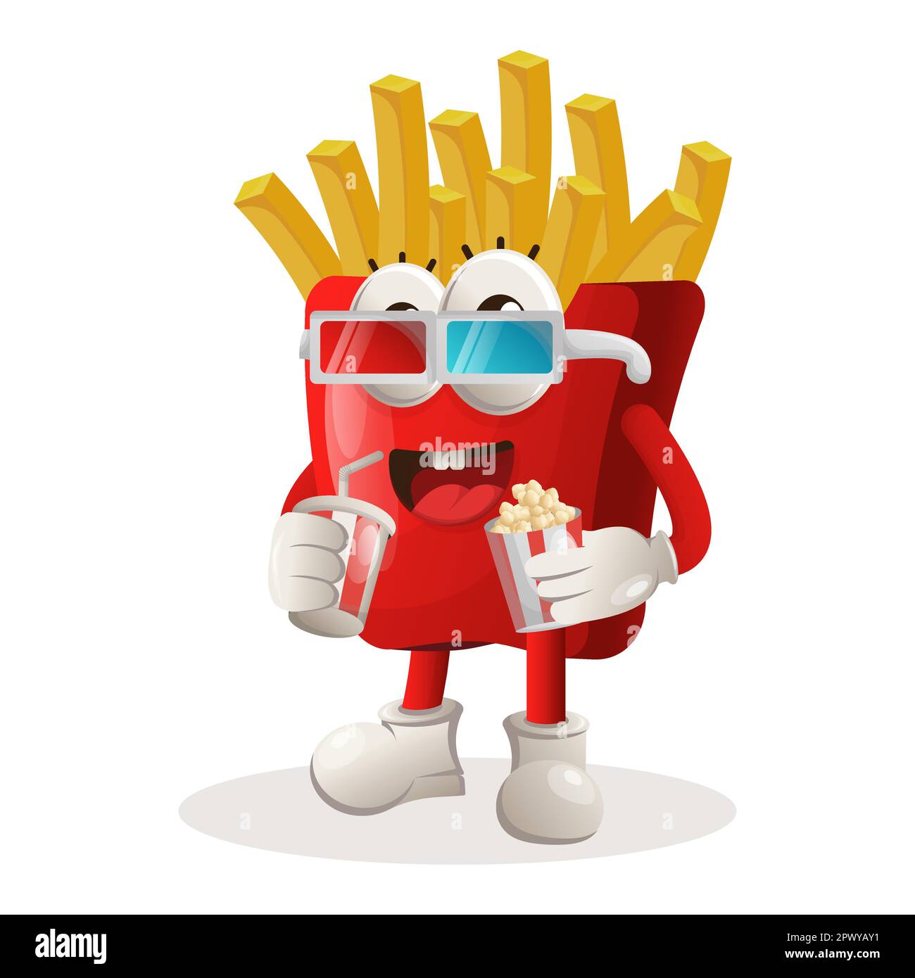 Une adorable mascotte de frites avec un soda et du pop-corn. Idéal pour les magasins d'alimentation, les petites entreprises ou le commerce électronique, les marchandises et les autocollants, Illustration de Vecteur