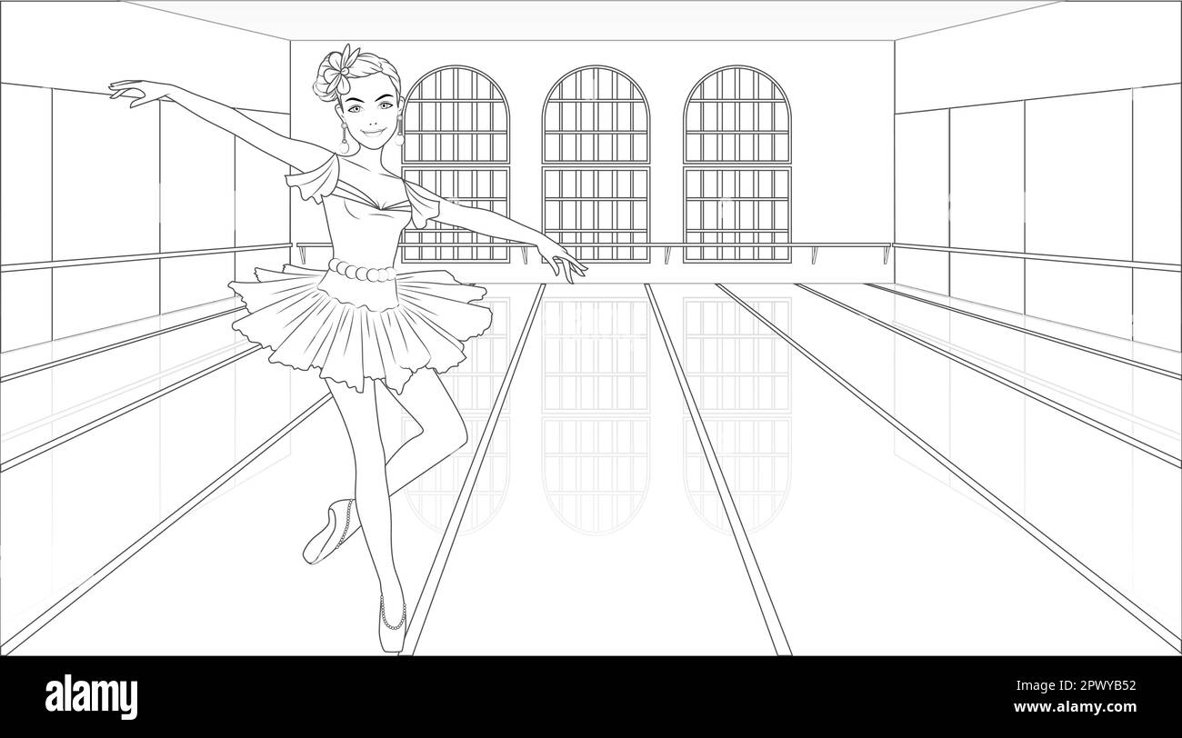 Ballerina coloriage page avec personnage féminin sur un arrière-plan de Dancing Studio. Illustration vectorielle Illustration de Vecteur