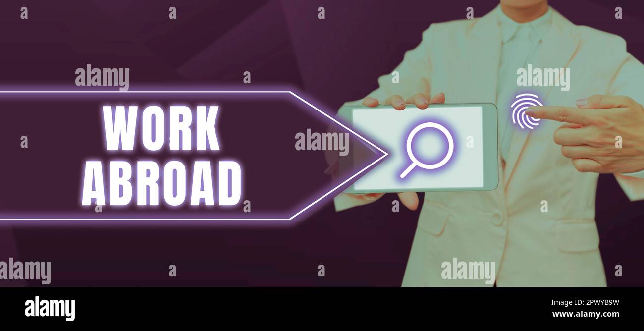 Écriture affichage de texte travail à l'étranger, Word écrit sur immergé dans un environnement de travail étranger travail outre-mer non local Banque D'Images