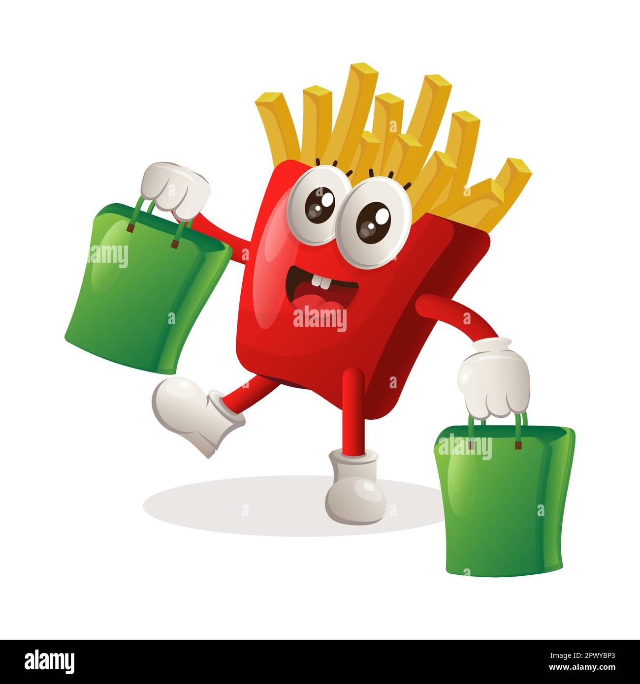 Mascotte de frites mignonne, bonne shopping. Idéal pour les magasins d'alimentation, les petites entreprises ou le commerce électronique, la marchandise et l'autocollant, la promotion des bannières, l'examen des aliments Illustration de Vecteur