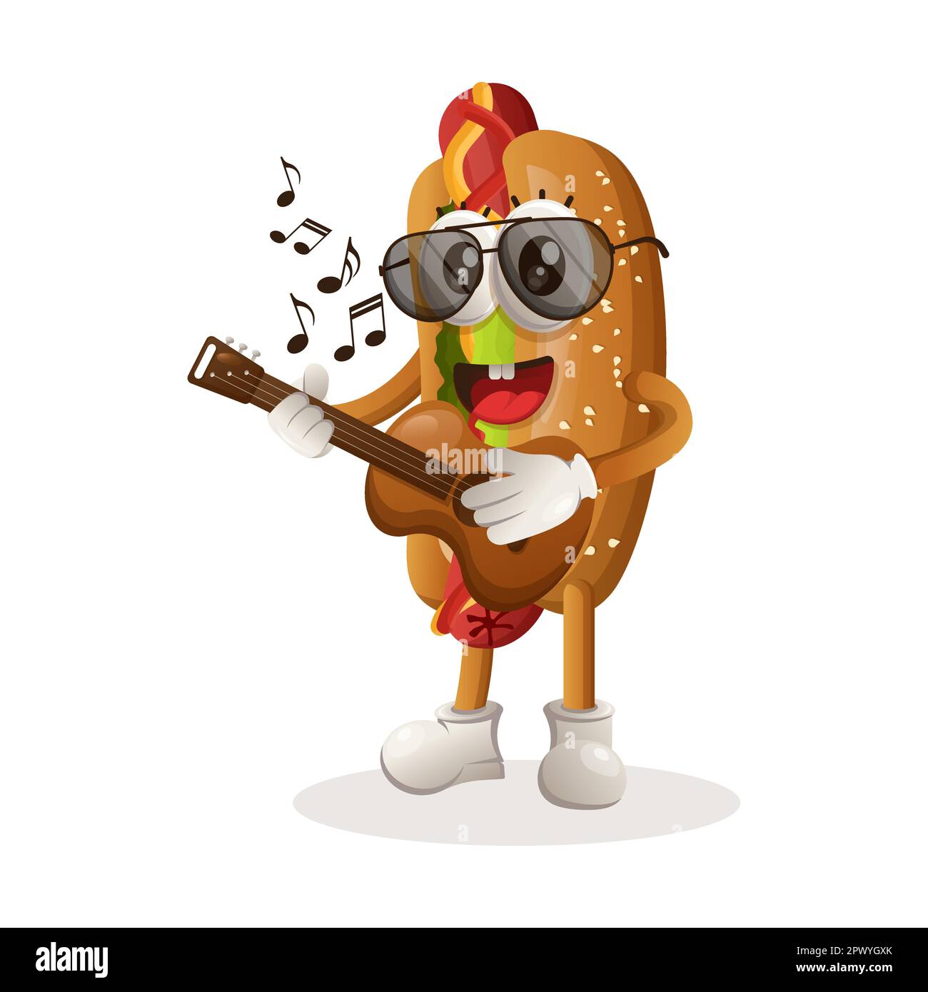 Jolie mascotte de hot dog jouant de la guitare. Idéal pour les magasins d'alimentation, les petites entreprises ou le commerce électronique, la marchandise et l'autocollant, la promotion de bannière, la revue de nourriture blog o Illustration de Vecteur