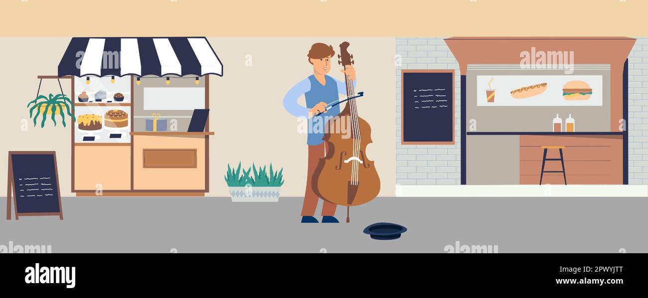 Violoncelle. Jeune homme jouant du violoncelle dans la rue de la ville. Kiosques de restauration rapide et de pâtisserie. Musicien avec instrument de musique. En plein air en ville l'été festiva Illustration de Vecteur