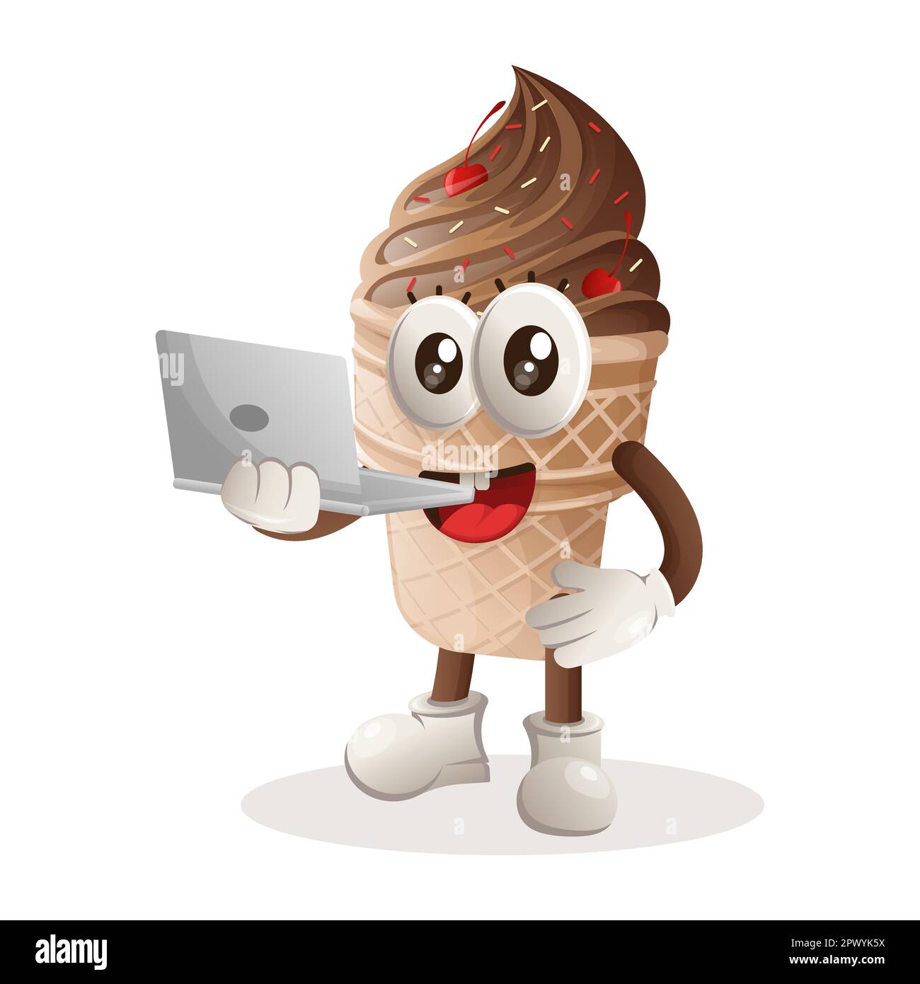 Une jolie mascotte de glace fonctionnant avec un ordinateur portable. Idéal pour les magasins d'alimentation, les petites entreprises ou le commerce électronique, les marchandises et les autocollants, la promotion des bannières, la restauration Illustration de Vecteur