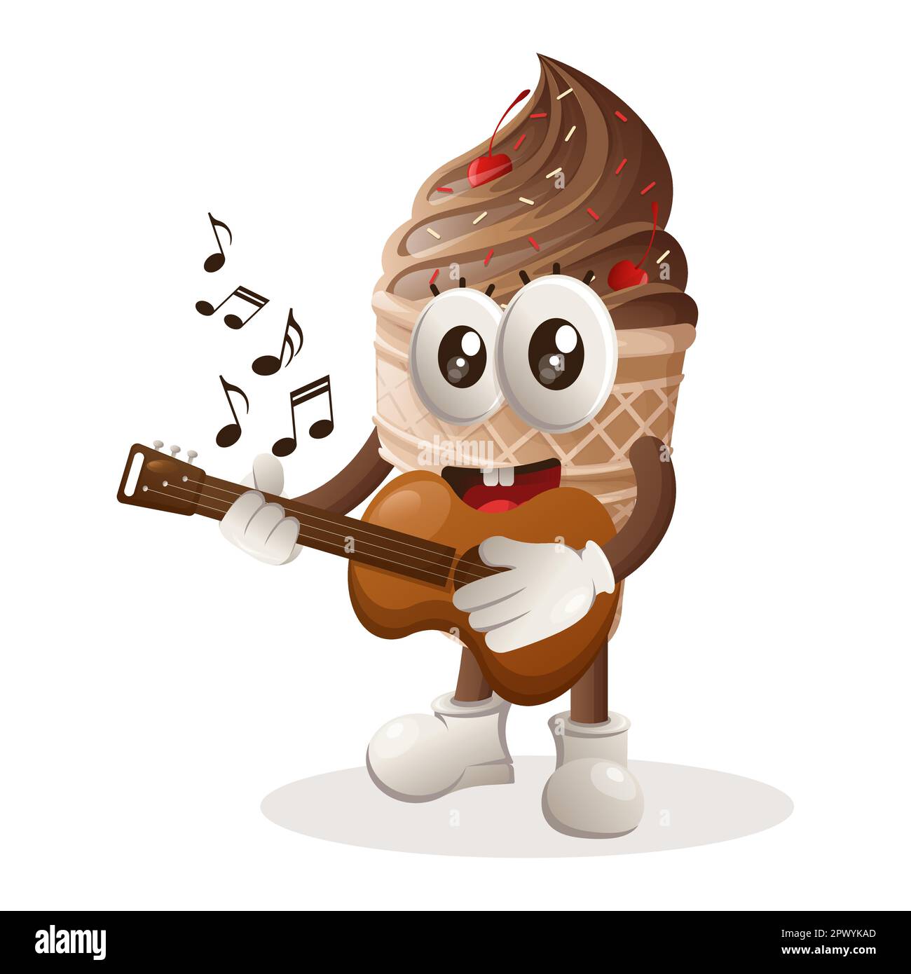 Jolie mascotte crème glacée jouant de la guitare. Idéal pour les magasins d'alimentation, les petites entreprises ou le commerce électronique, les marchandises et les autocollants, la promotion des bannières, l'analyse des aliments Illustration de Vecteur