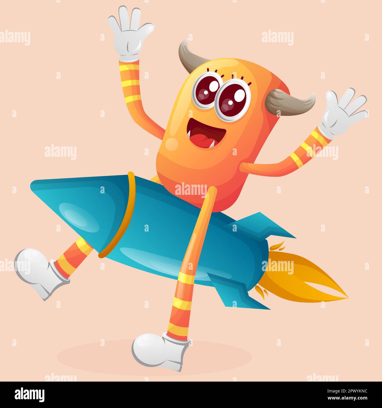 Monstre orange mignon volant sur la fusée. Idéal pour les enfants, les petites entreprises ou le commerce électronique, les marchandises et les autocollants, la promotion de bannière, le blog ou le canal vlog Illustration de Vecteur