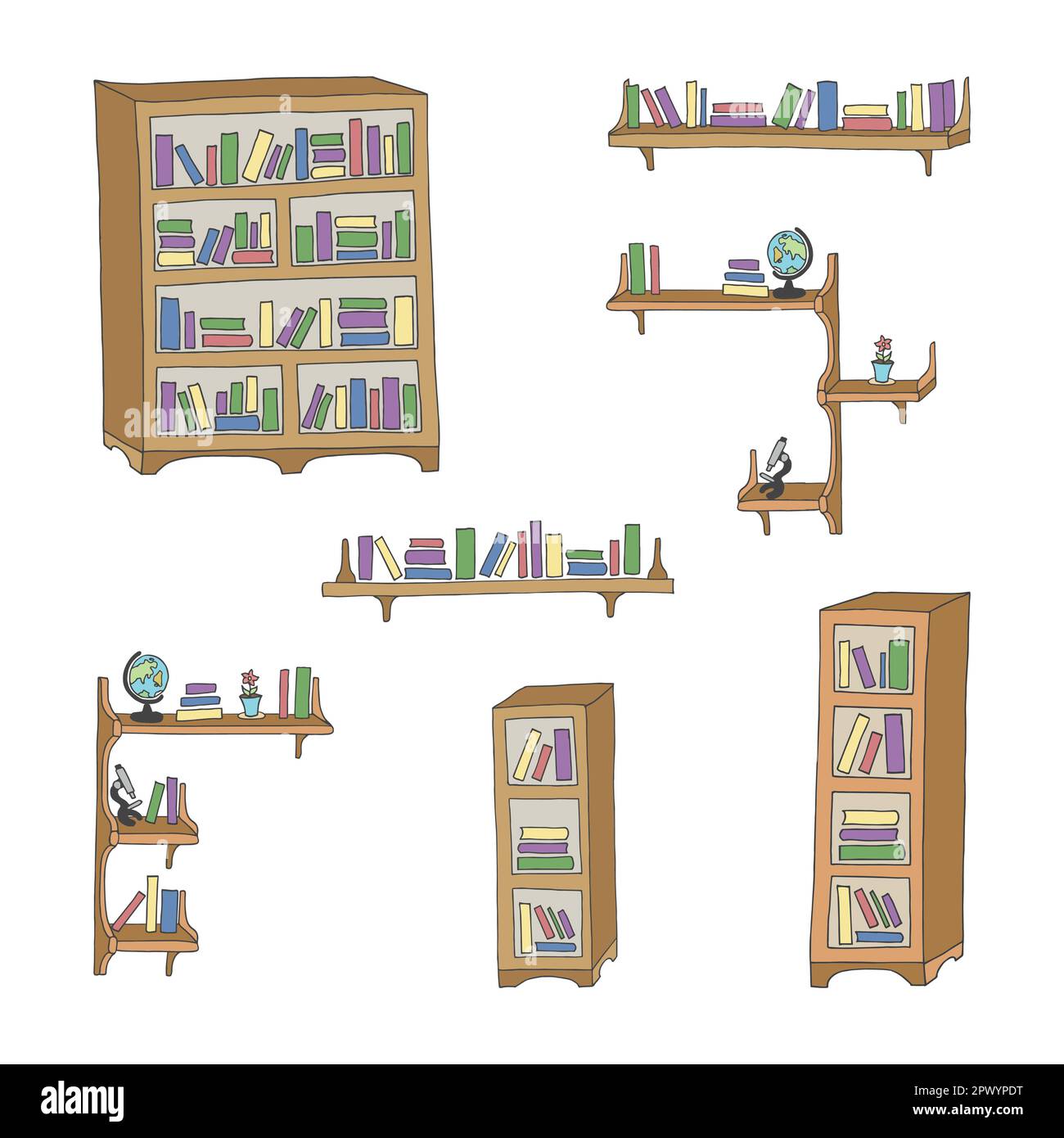 Illustration vectorielle. Ensemble de bibliothèques et étagères avec livres et autres objets. Jeu dessiné à la main Illustration de Vecteur