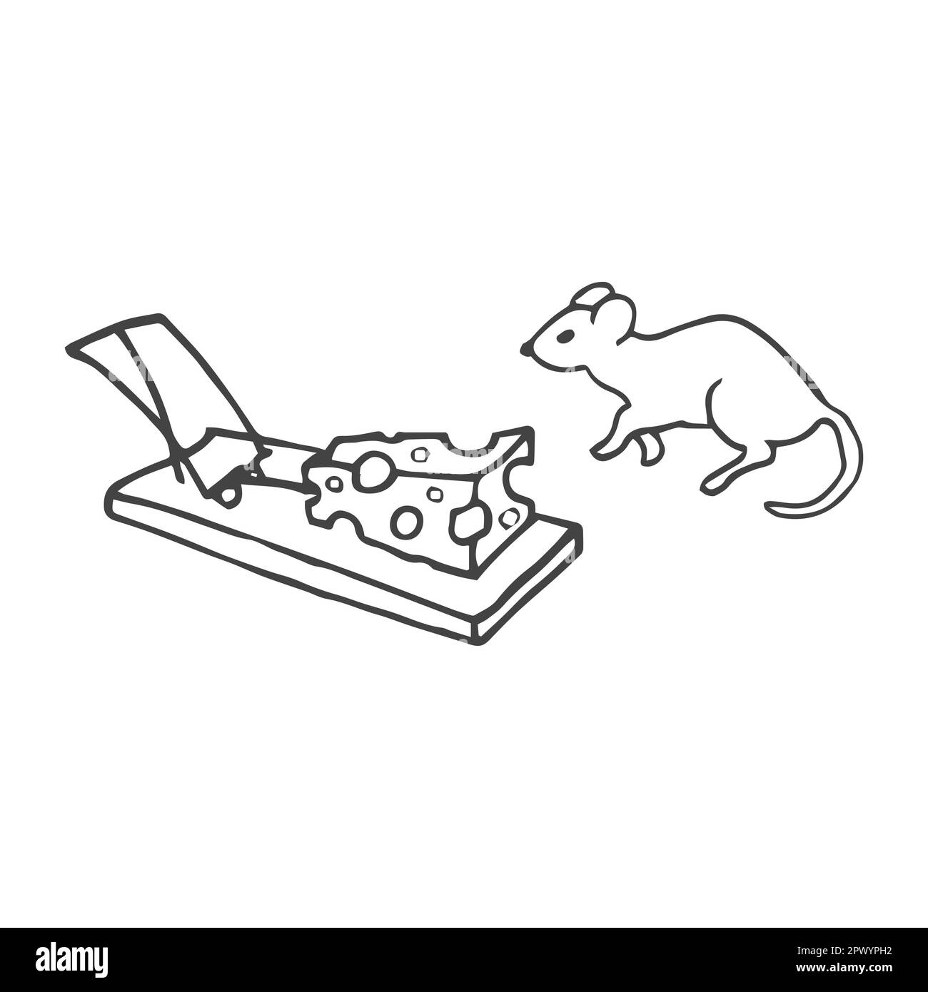 illustration vectorielle d'une souris de dessin animé près d'un mousetrap au fromage. Illustration en noir et blanc Illustration de Vecteur