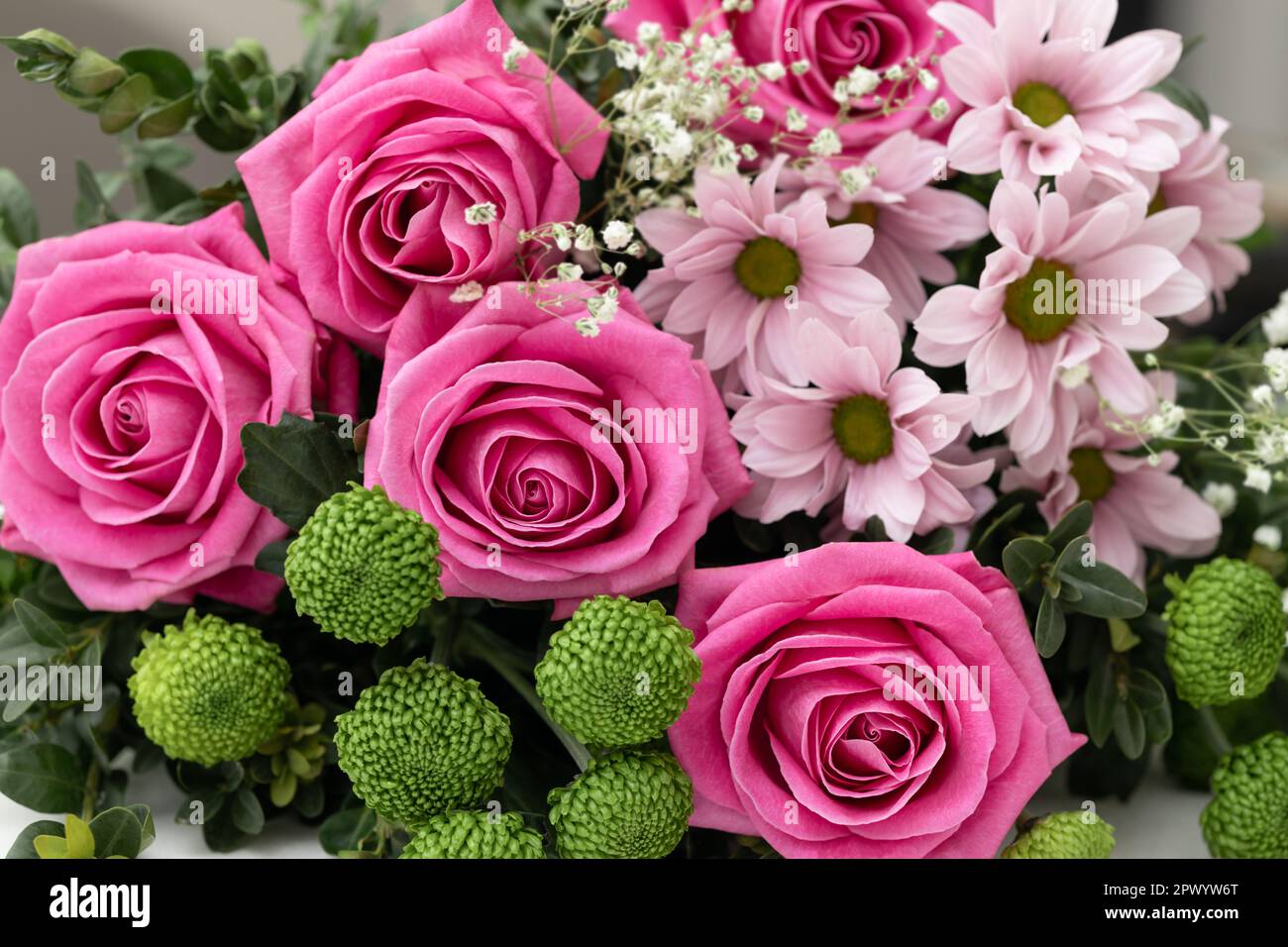 Bouquet de roses fraîches, de chrysanthèmes, de pâquerettes fleuristes et de gitsophila. Concept d'invitation, de papier peint ou de carte postale Banque D'Images