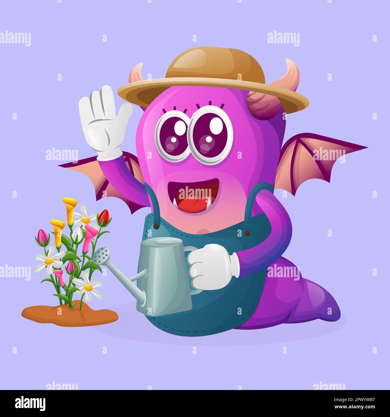 Mignon violet monstre jardinage prenant soin des plantes. Idéal pour les enfants, les petites entreprises ou le commerce électronique, la marchandise et l'autocollant, la promotion de bannière, blog o Illustration de Vecteur