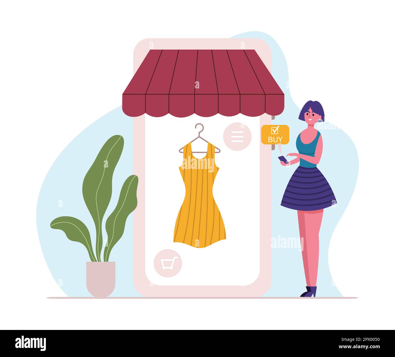 Achats en ligne, paiement mobile. Écran de smartphone avec magasin de vêtements, femme de dessin animé en cliquant pour ajouter la robe au panier. Application pour l'achat de goo Illustration de Vecteur
