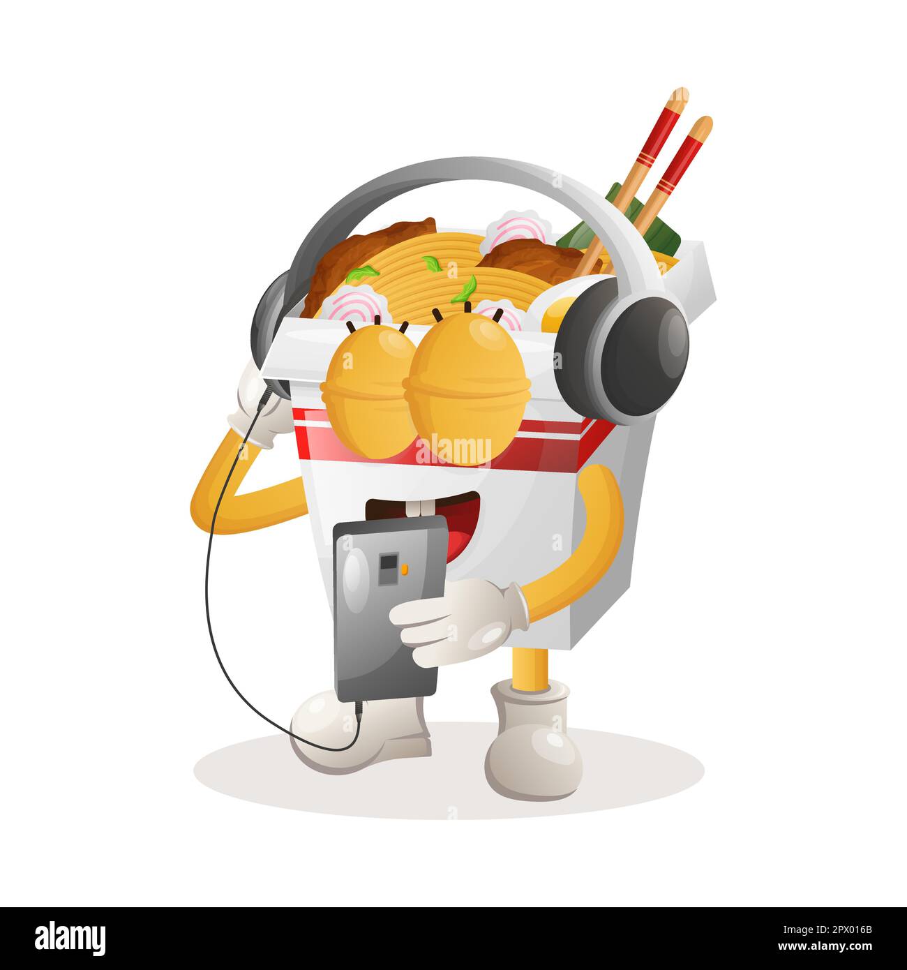 Adorable mascotte ramen écoutant de la musique sur un smartphone à l'aide d'un casque. Idéal pour les magasins d'alimentation, les petites entreprises ou le commerce électronique, la marchandise et l'autocollant, ba Illustration de Vecteur