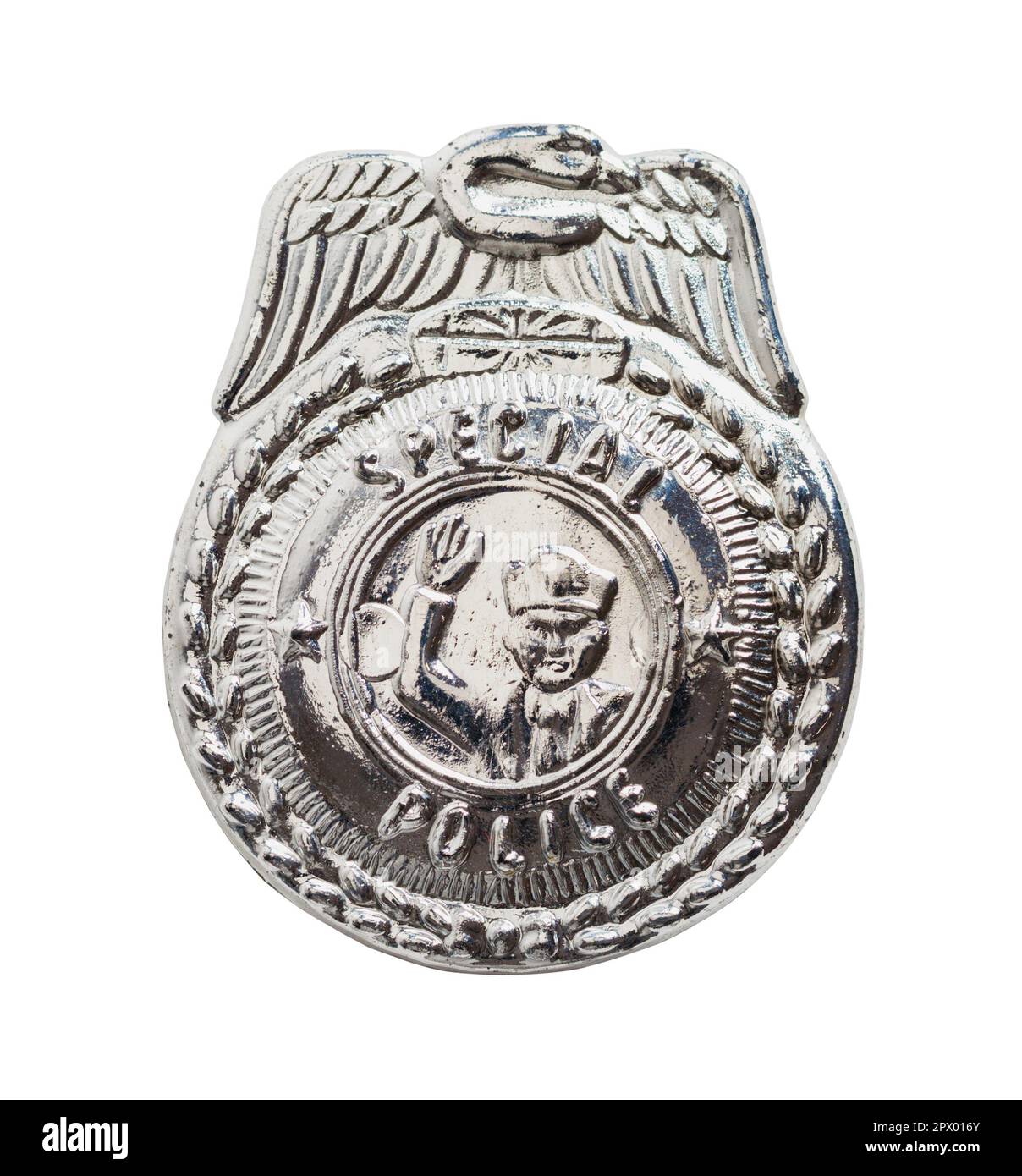 Badge de police en plastique découpé sur blanc. Banque D'Images