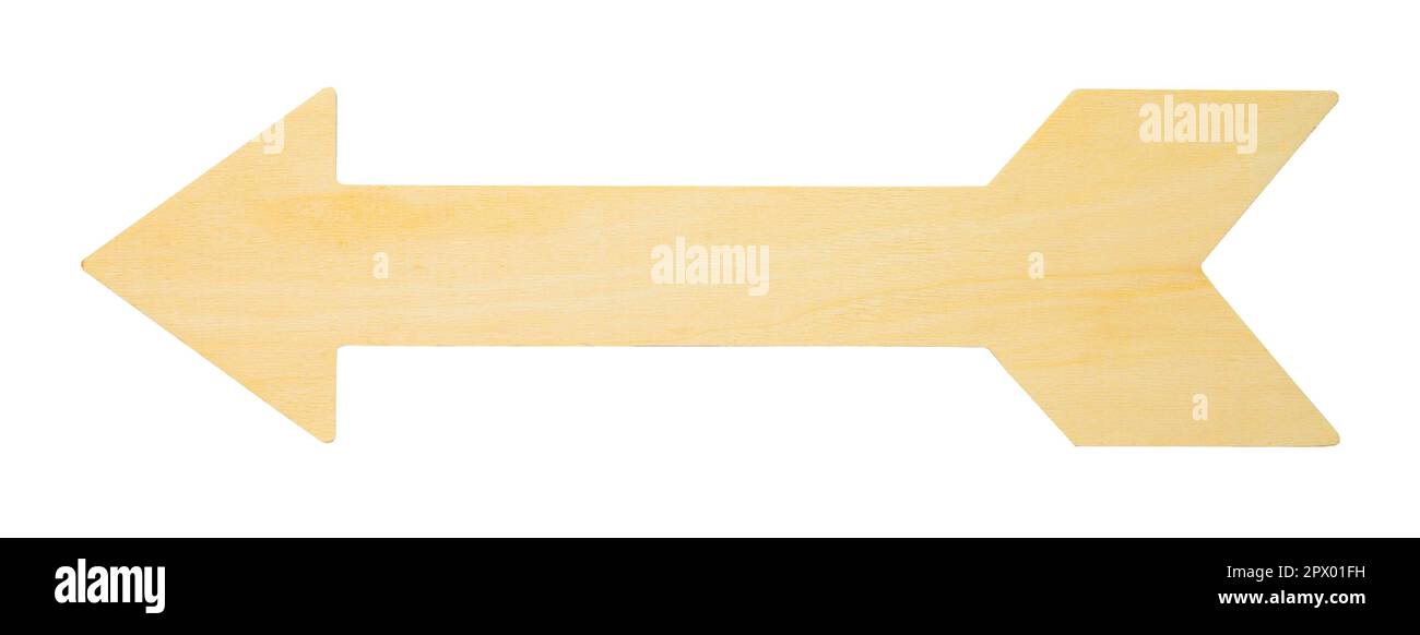 Panneau de flèche en bois découpé sur blanc. Banque D'Images
