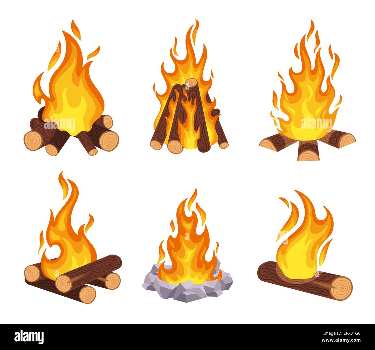 Feu de camp de dessin animé. Feu de bois, feu de bois. Flammes en plein air avec bordures en pierre et en bois. Aventure sauvage à l'extérieur, activités de camping, forêt de tou Illustration de Vecteur