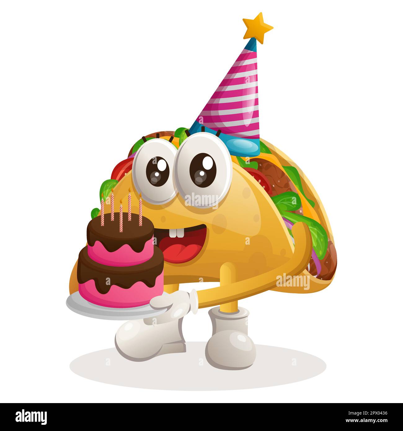 Jolie mascotte taco portant un chapeau d'anniversaire, avec un gâteau d'anniversaire. Idéal pour les magasins d'alimentation, les petites entreprises ou le commerce électronique, la marchandise et l'autocollant, la bannière Illustration de Vecteur