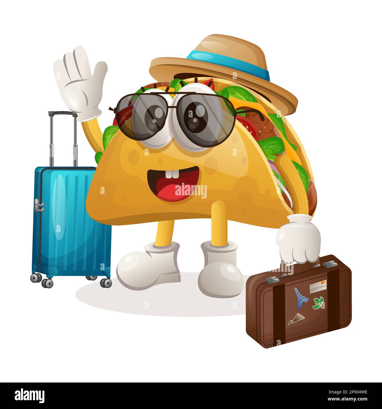 Jolie mascotte de taco en vacances avec une valise. Idéal pour les magasins d'alimentation, les petites entreprises ou le commerce électronique, la marchandise et l'autocollant, la promotion de bannière, foo Illustration de Vecteur