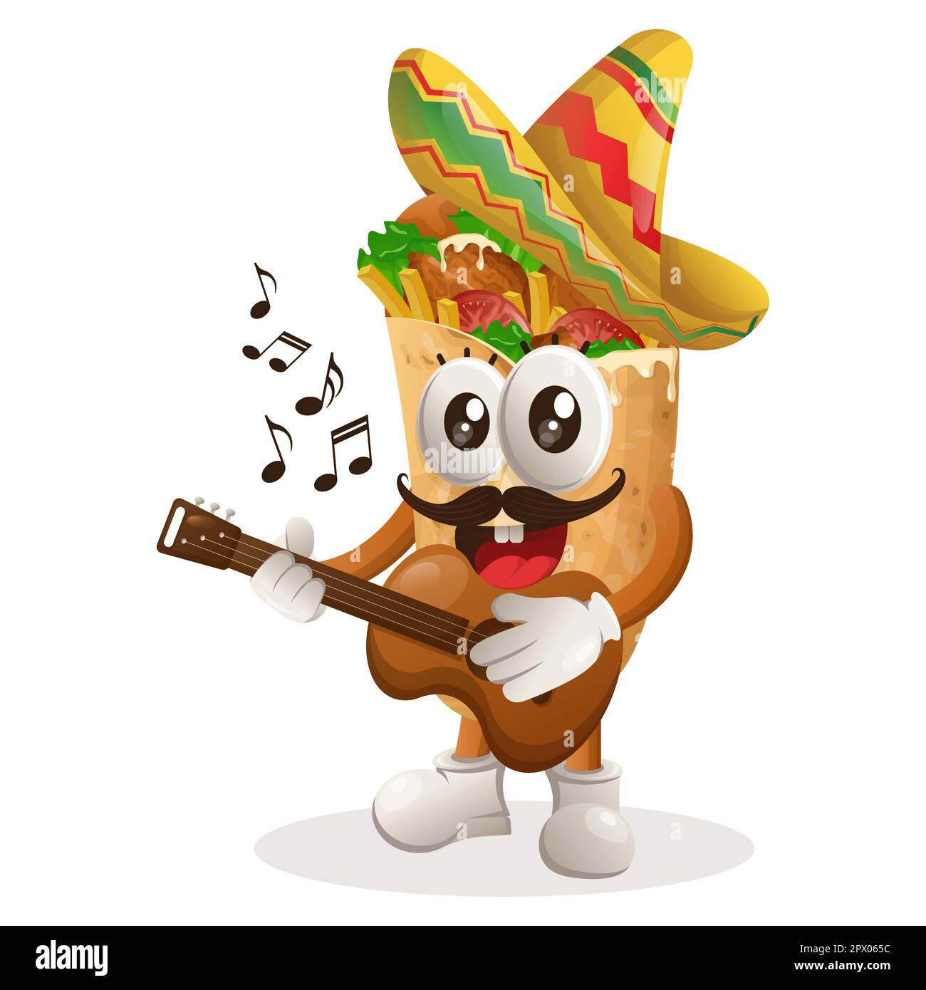 Jolie mascotte burrito portant un chapeau mexicain avec guitare. Idéal pour les magasins d'alimentation, les petites entreprises ou le commerce électronique, la marchandise et l'autocollant, Banner pro Illustration de Vecteur