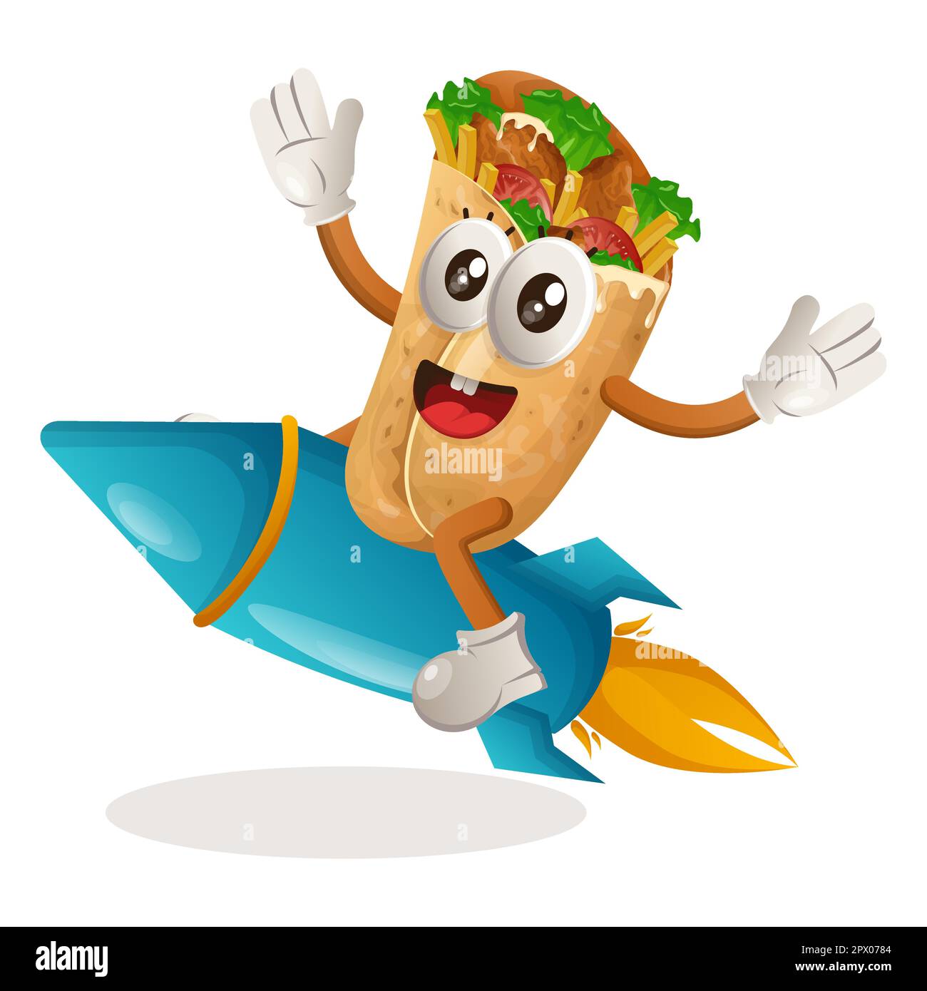 Adorable mascotte burrito volant sur une fusée. Idéal pour les magasins d'alimentation, les petites entreprises ou le commerce électronique, les marchandises et les autocollants, la promotion des bannières, l'analyse des aliments Illustration de Vecteur