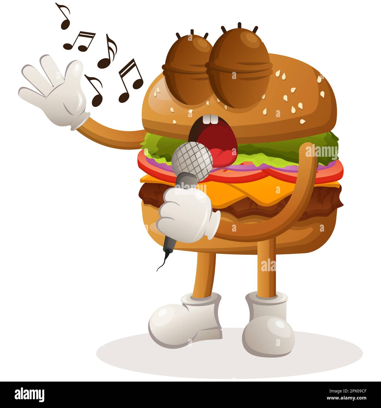 Adorable hamburger mascotte dessin chantant, chantant une chanson. Dessin de personnage de mascotte de dessin animé de Burger. Délicieux repas avec fromage, légumes et viande. Adorable mascotte v Illustration de Vecteur