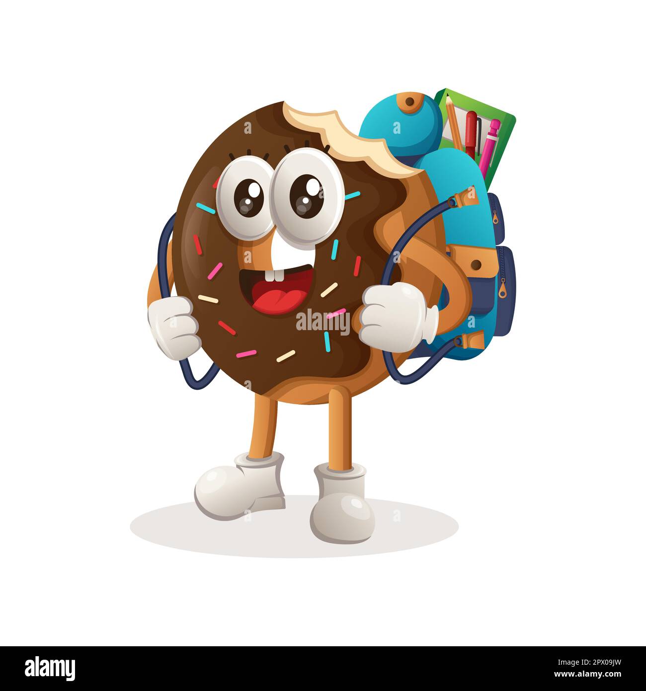 Adorable mascotte en forme de beignet portant un sac à main, un sac à dos, de retour à l'école. Idéal pour les magasins d'alimentation, les petites entreprises ou le commerce électronique, la marchandise et l'autocollant, banne Illustration de Vecteur