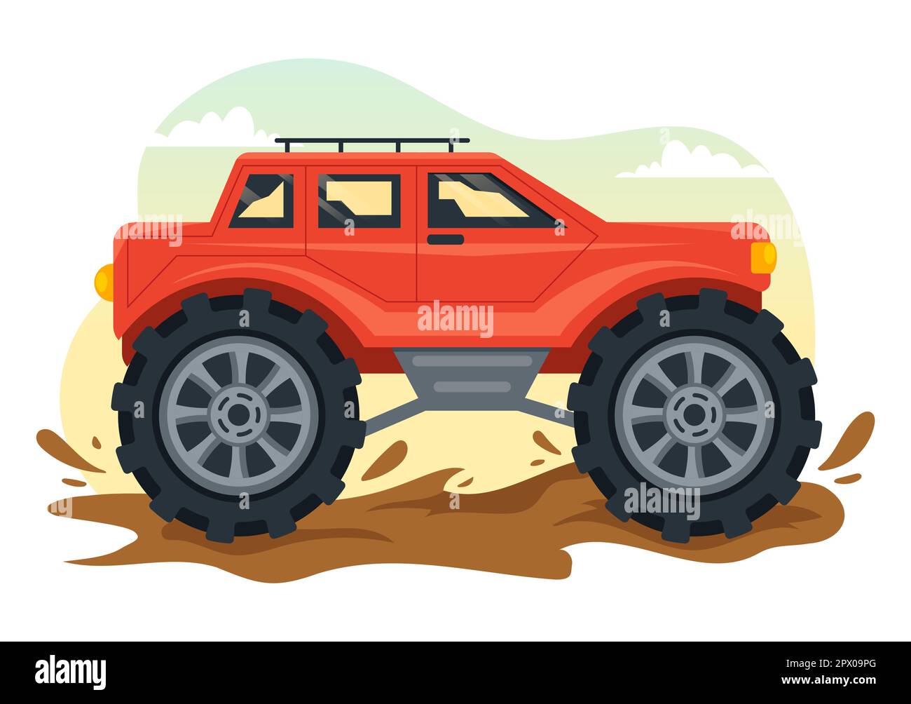 Illustration tout-terrain avec une voiture Jeep ou un vus pour traverser le terrain rocheux, les rivières et le sable dans des modèles tirés à la main de dessin de dessin de dessin animé Banque D'Images