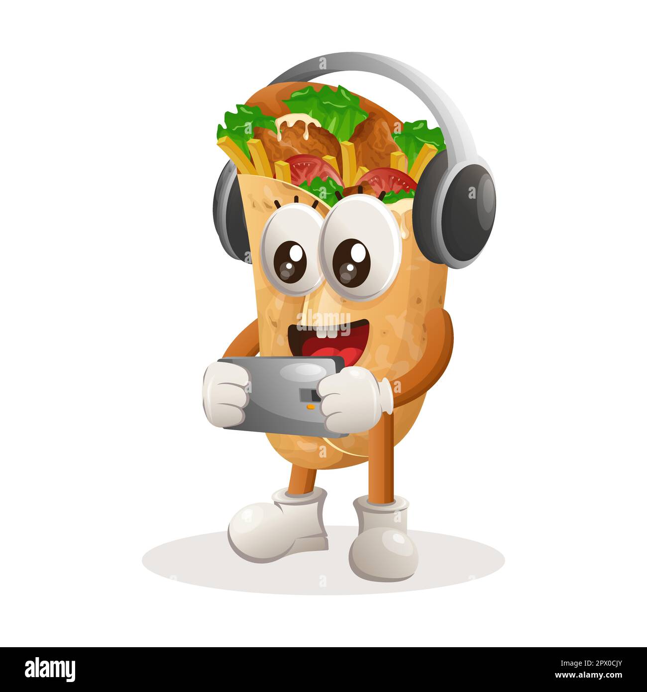 Adorable mascotte burrito jouant au jeu mobile, portant des écouteurs. Idéal pour les magasins d'alimentation, les petites entreprises ou le commerce électronique, la marchandise et l'autocollant, Banner pro Illustration de Vecteur