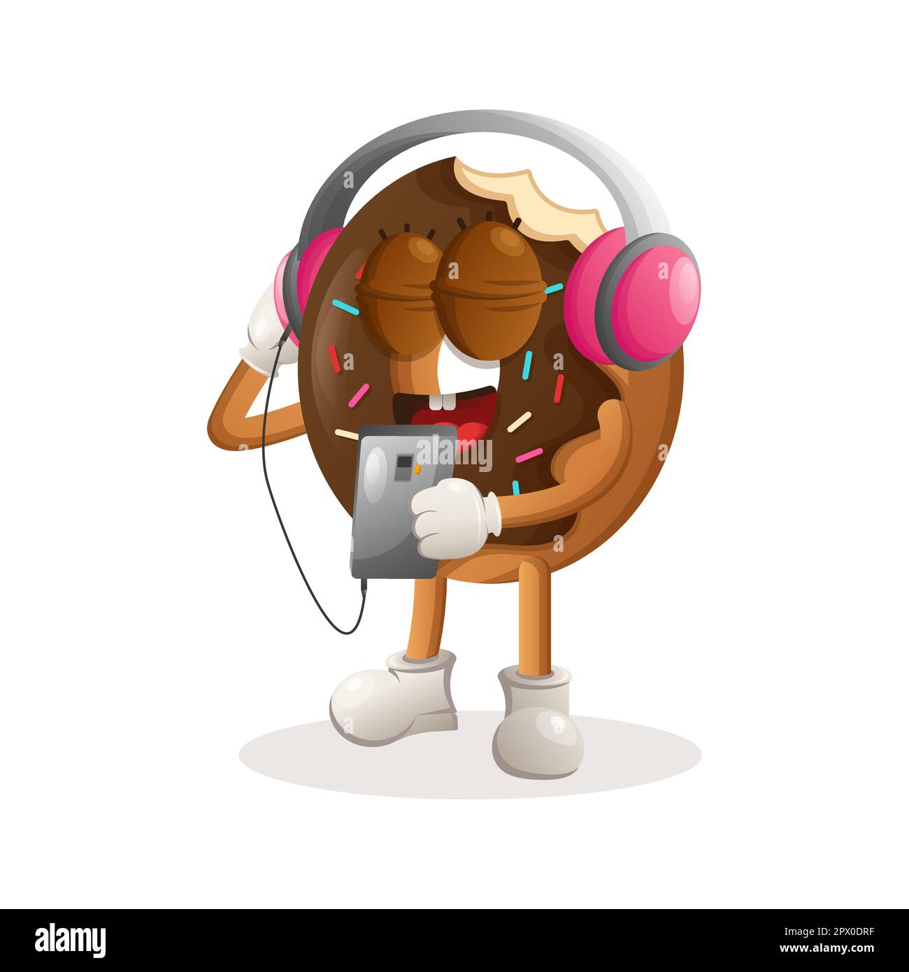 Adorable mascotte en forme de beignet pour écouter de la musique sur un smartphone à l'aide d'un casque. Idéal pour les magasins d'alimentation, les petites entreprises ou le commerce électronique, la marchandise et l'autocollant, ba Illustration de Vecteur