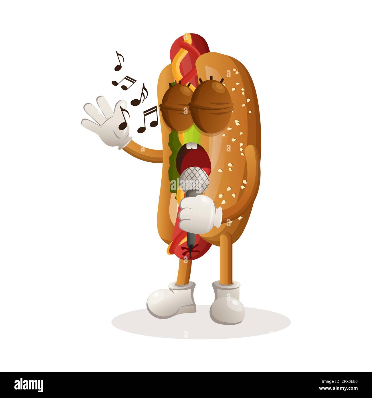 Une adorable mascotte de hot dog chante, chante une chanson. Idéal pour les magasins d'alimentation, les petites entreprises ou le commerce électronique, la marchandise et l'autocollant, la promotion des bannières, l'examen des aliments Illustration de Vecteur