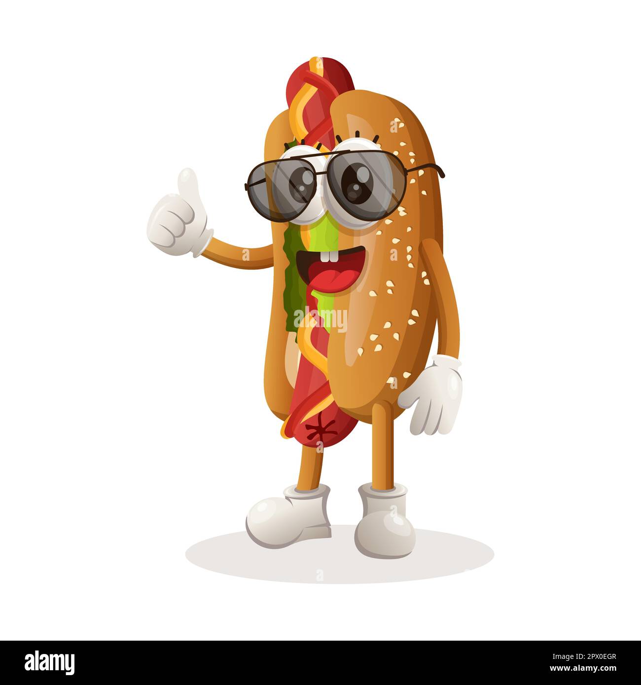 Une adorable mascotte de hot-dog se lève. Idéal pour les magasins d'alimentation, les petites entreprises ou le commerce électronique, les marchandises et les autocollants, la promotion de bannière, le blog de revue de nourriture ou vlo Illustration de Vecteur