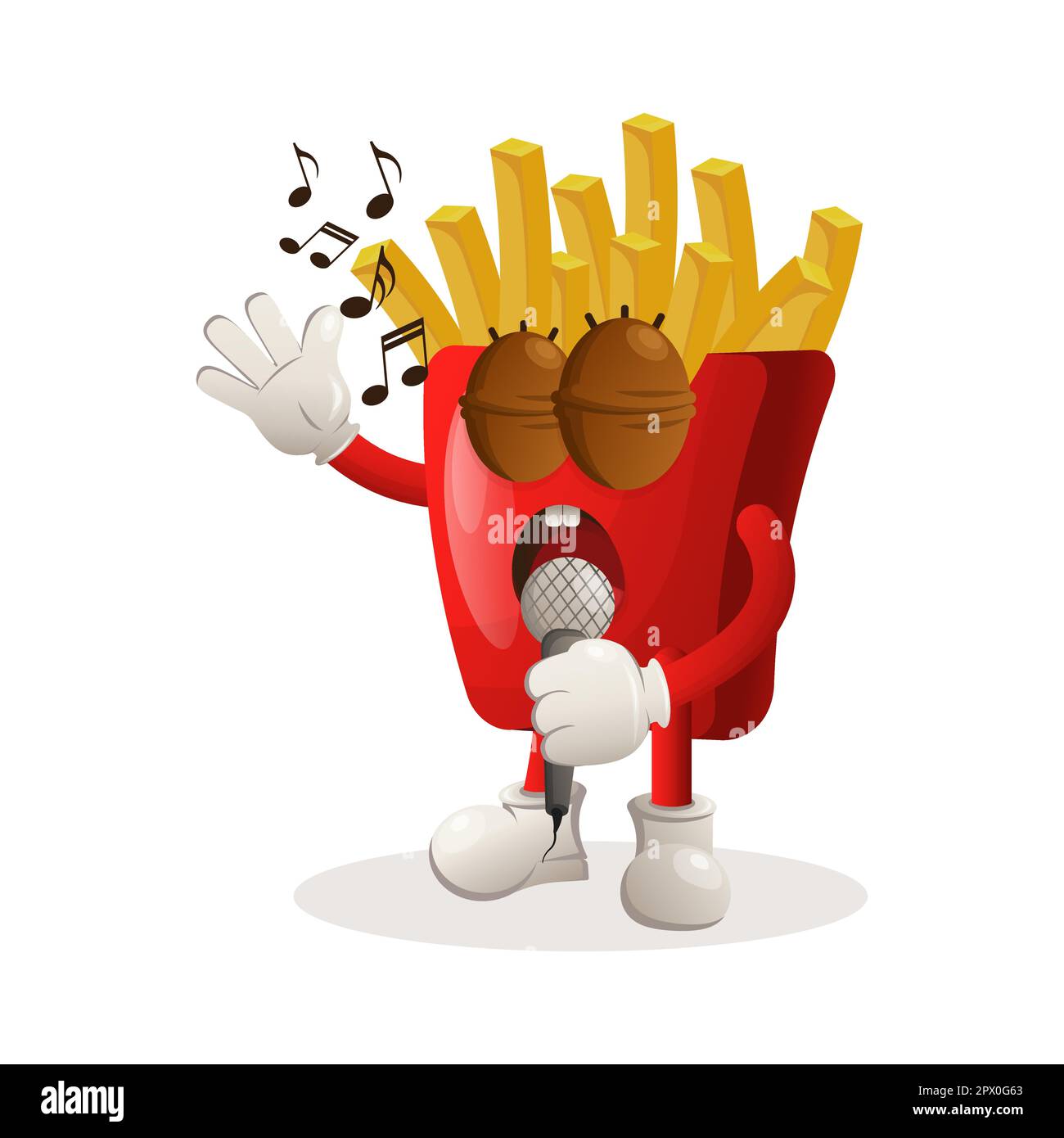 Mignonne de mascotte de frites chantant, chantant une chanson. Idéal pour les magasins d'alimentation, les petites entreprises ou le commerce électronique, la marchandise et l'autocollant, la promotion de bannière, la nourriture r Illustration de Vecteur